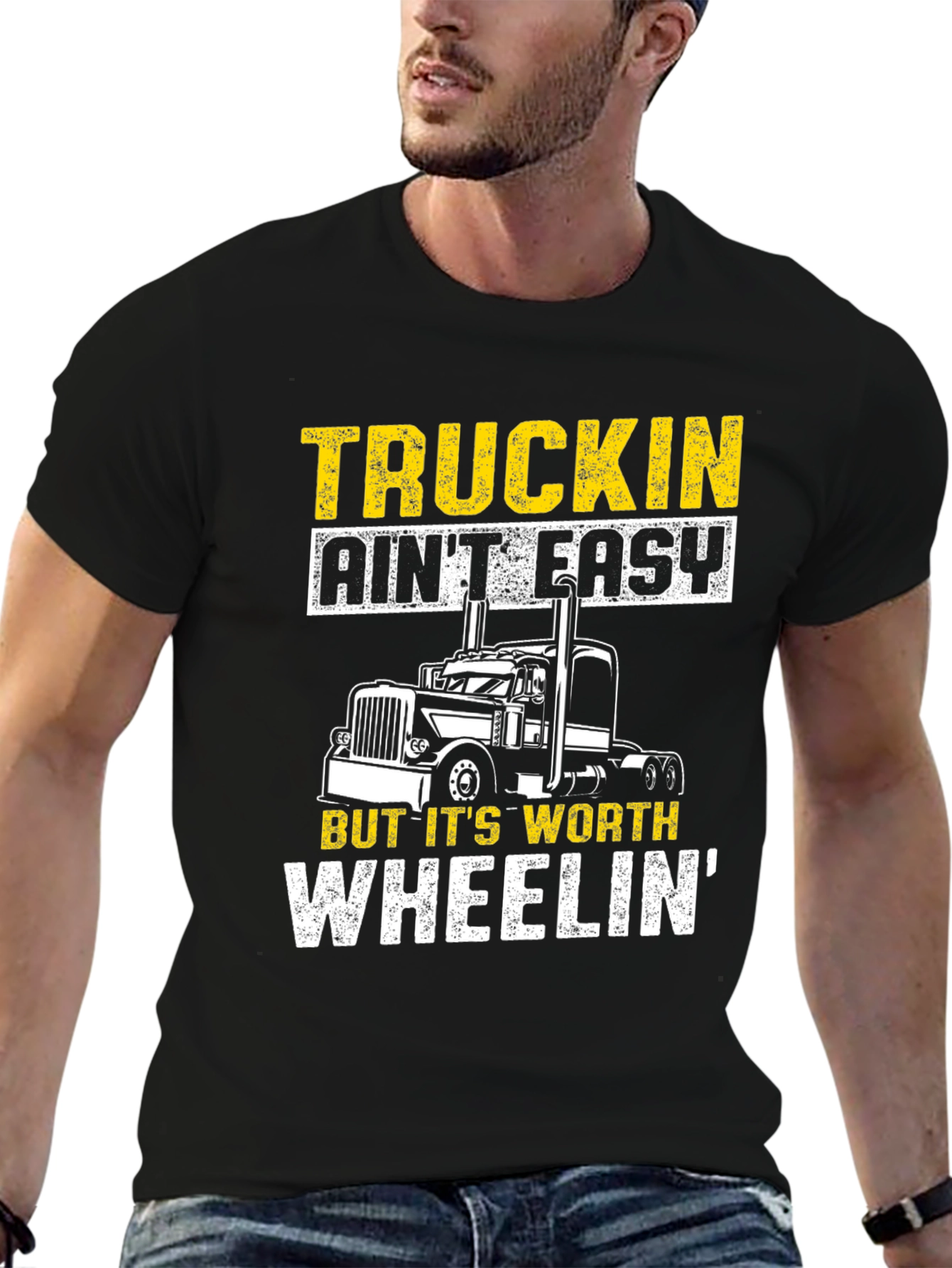 Black Truckin' Ain't Easy Black Graphic T-Shirt view 6