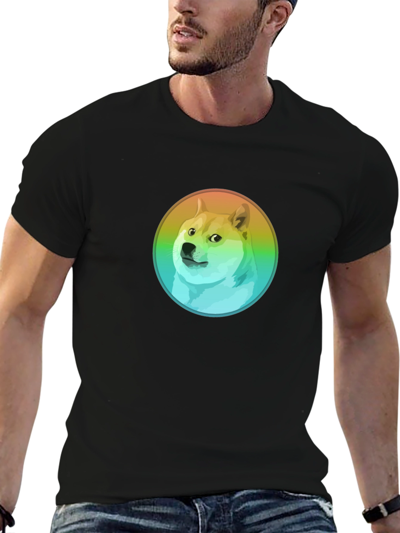 Black Doge Rainbow Circle Graphic Black T-Shirt view 6