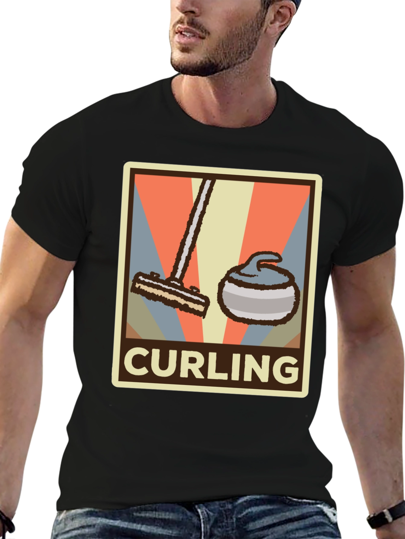 Black Retro Curling T-Shirt - Vintage Style Sports Tee view 6