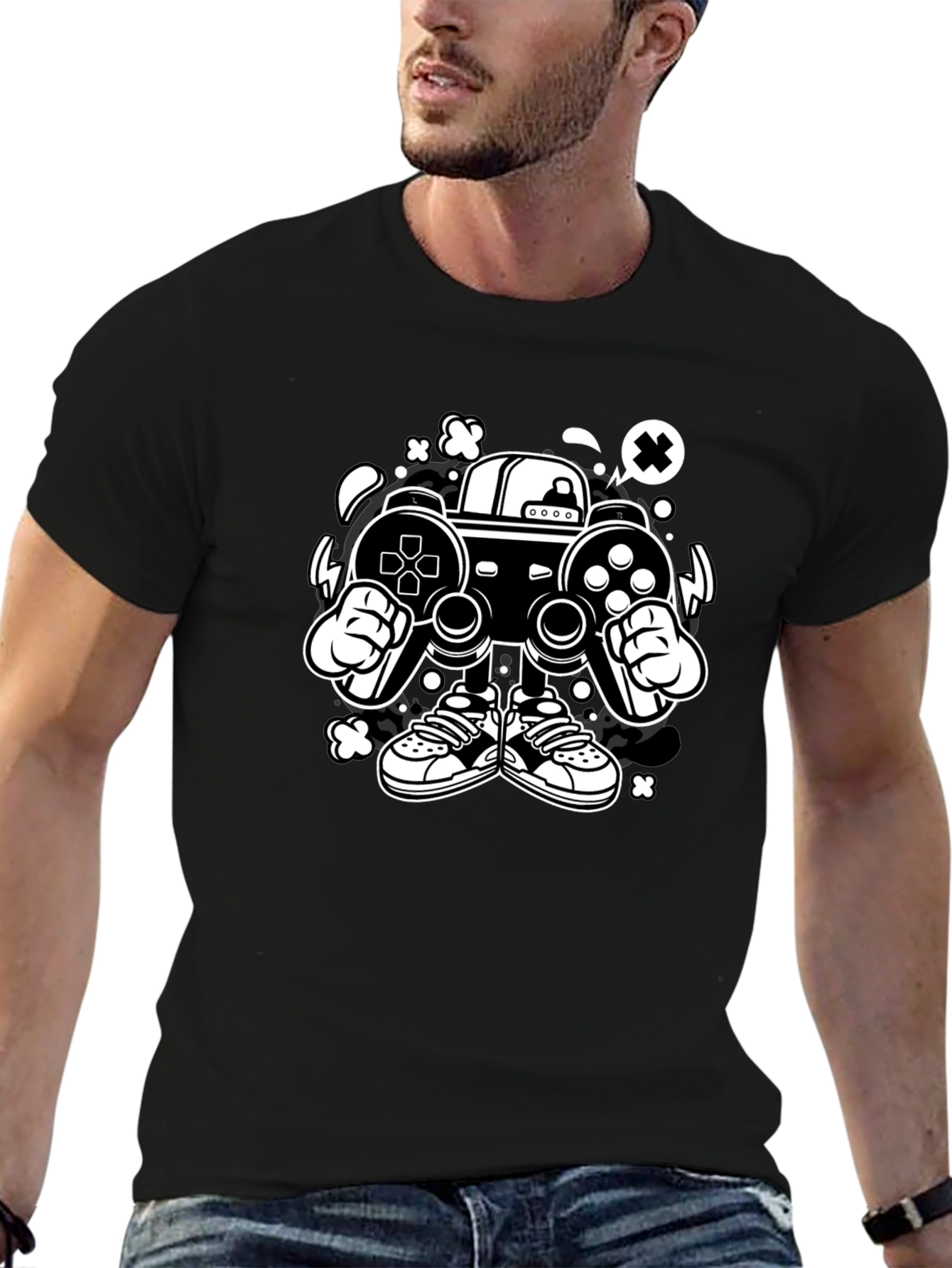 Black Gaming Console Character Graphic Black T-Shirt view 6