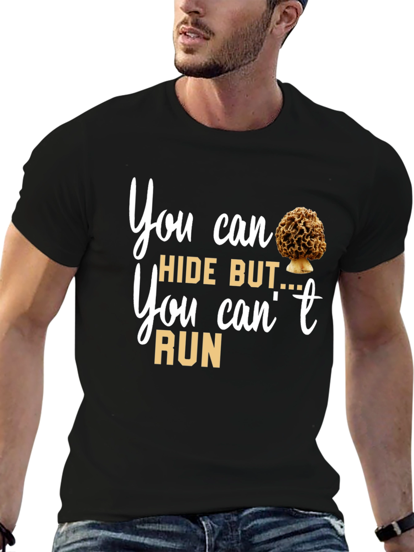 Black Mushroom Lover T-Shirt: You Can Hide But You Can't Run Tee view 6
