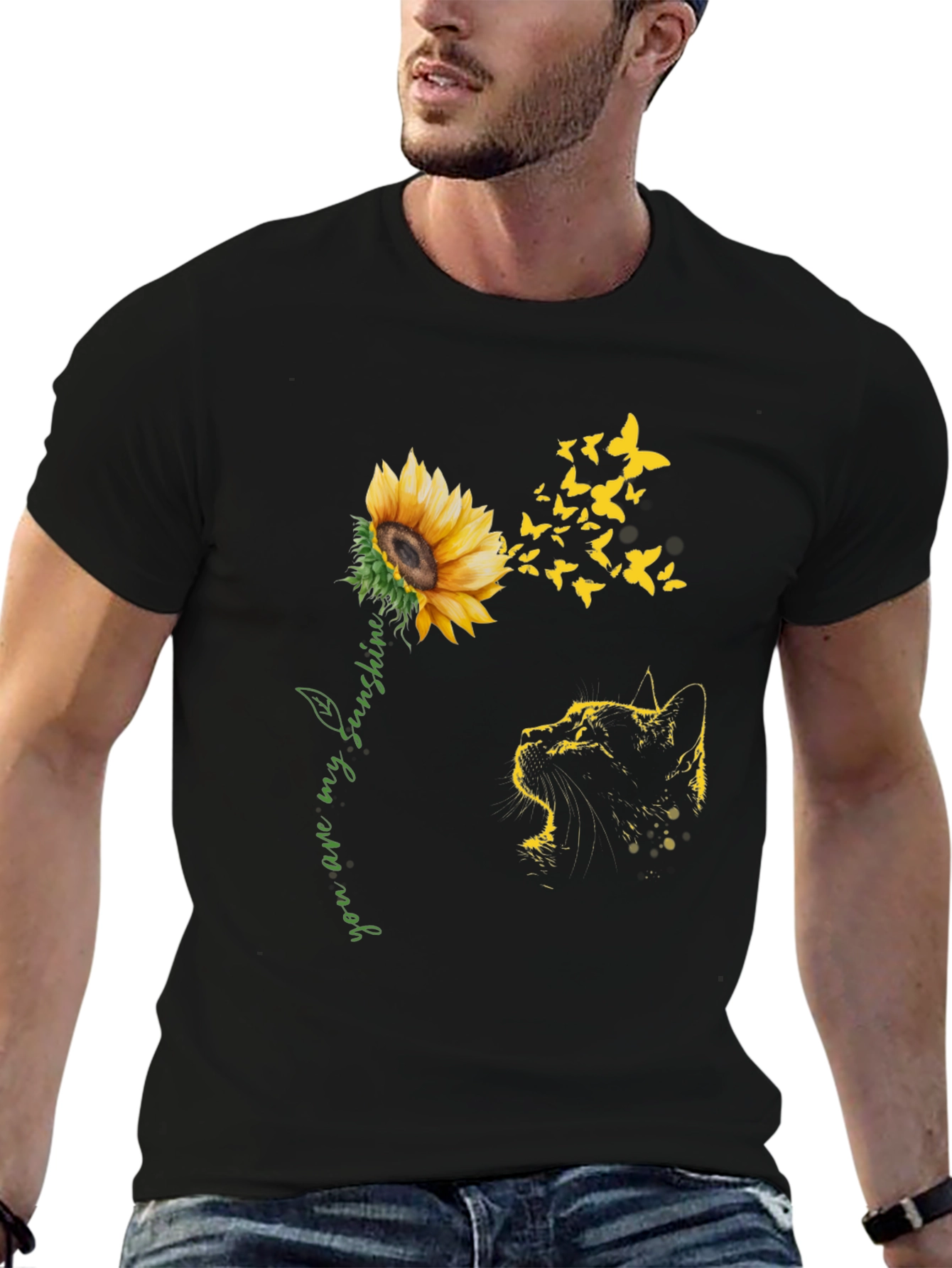 Black Sunflower Cat Graphic Tee - "You Are My Sunshine" view 6