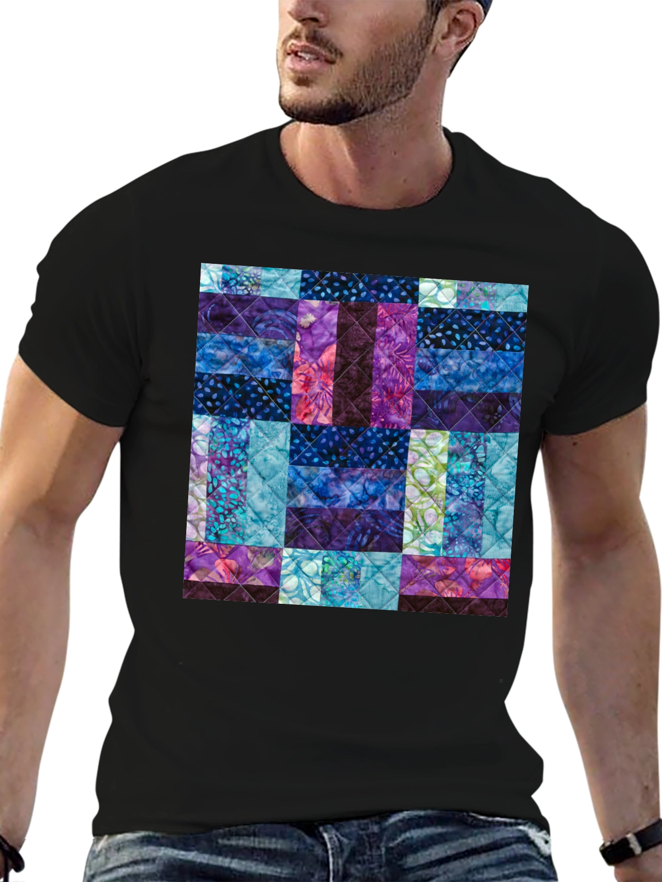 Black Quilted Pattern T-Shirt - Modern Abstract Design view 6