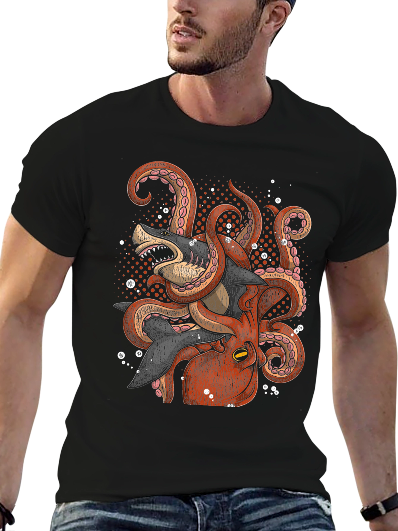 Black Octopus vs Shark Graphic Tee - Black view 6