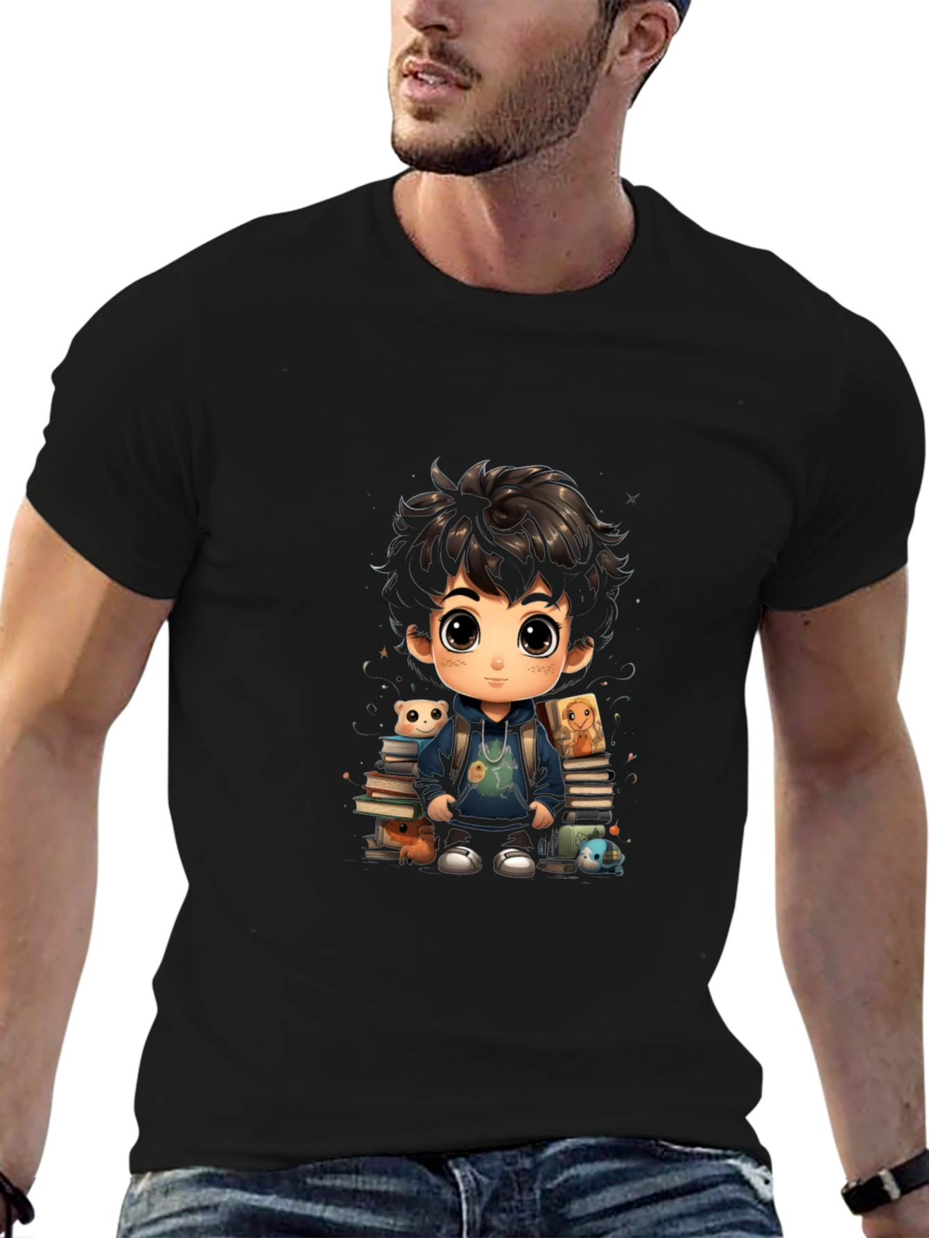 Black Cartoon Boy with Books Graphic Tee view 6