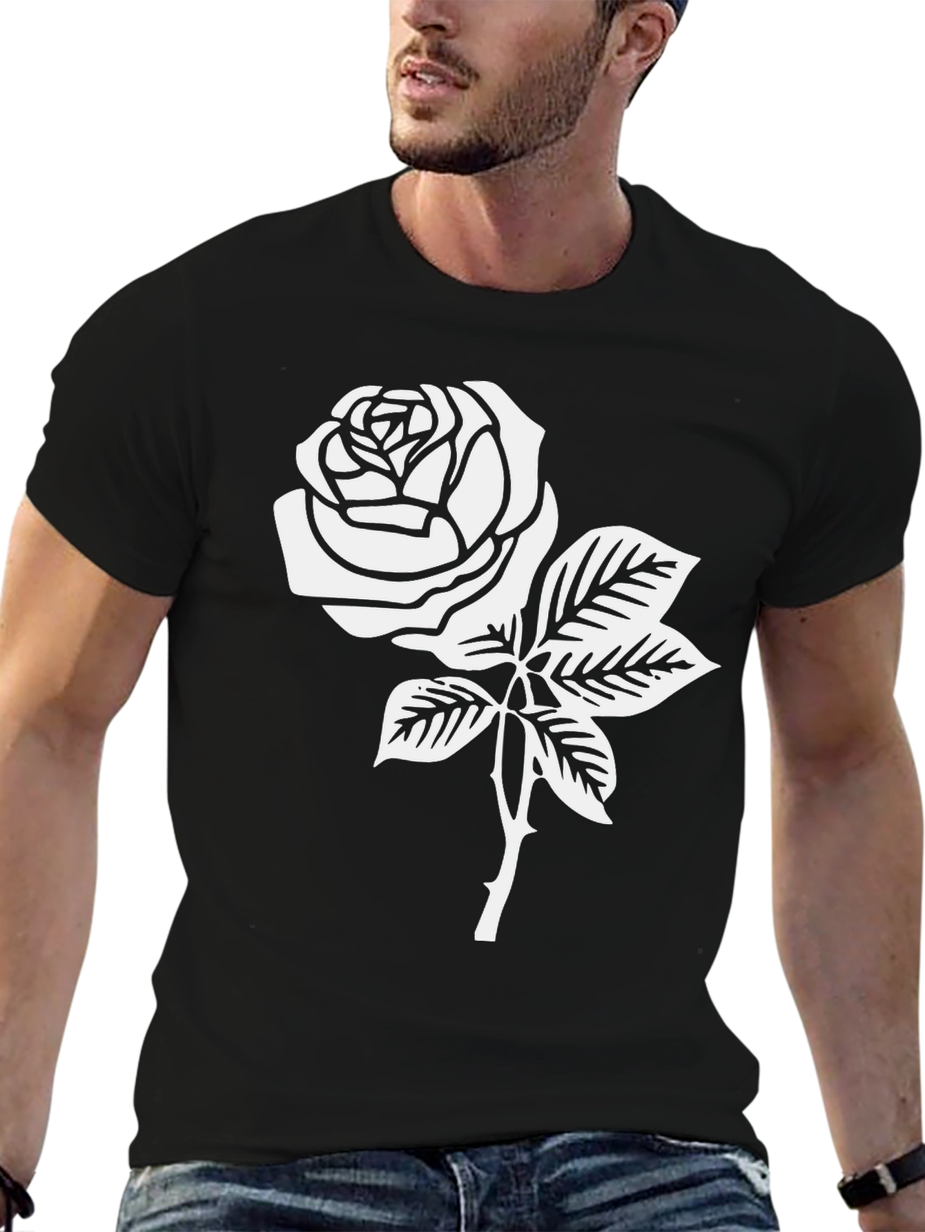 Black Black T-Shirt with White Rose Graphic view 6
