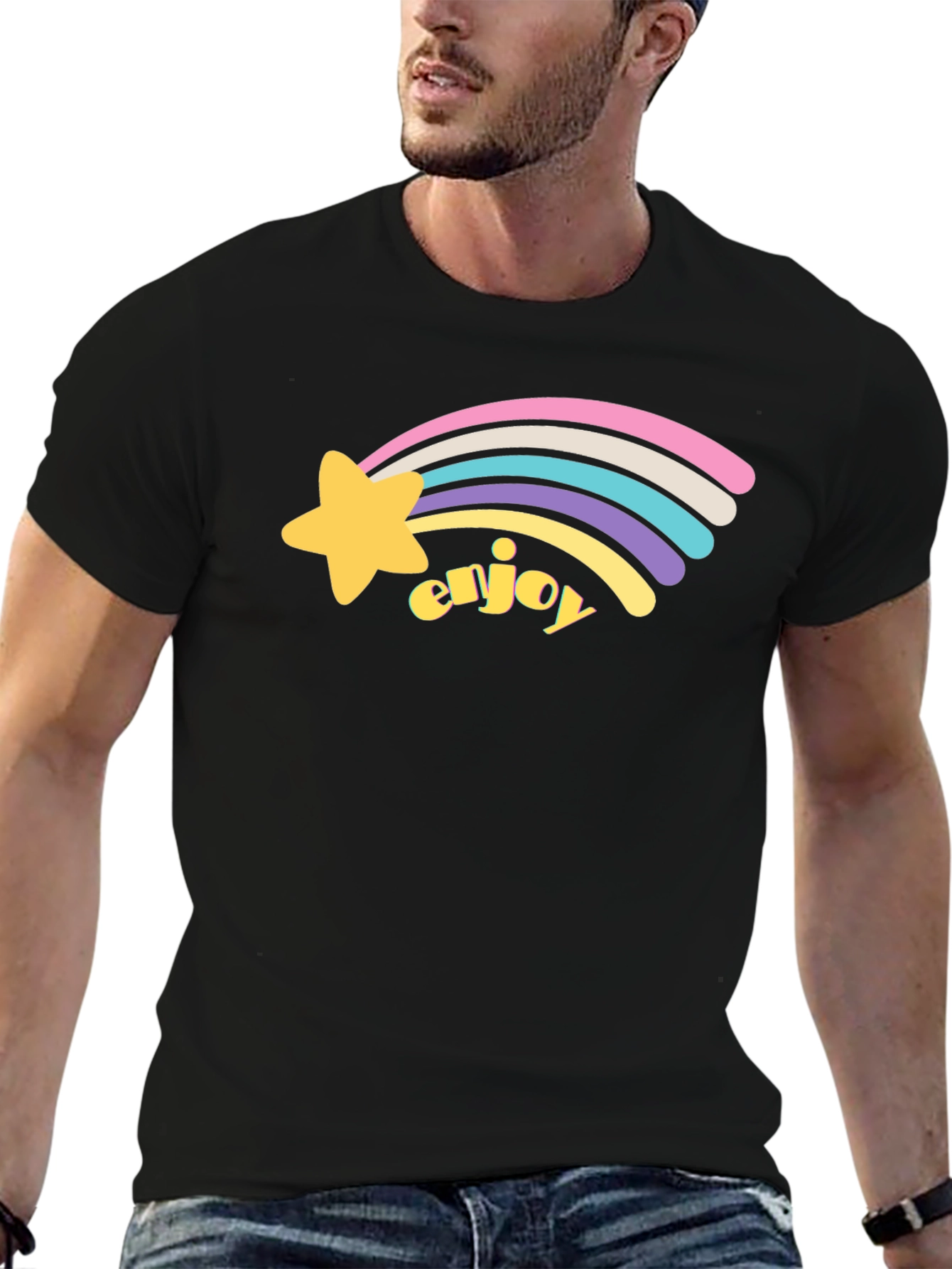 Black Enjoy Shooting Star Graphic Tee - Black Cotton Blend view 6