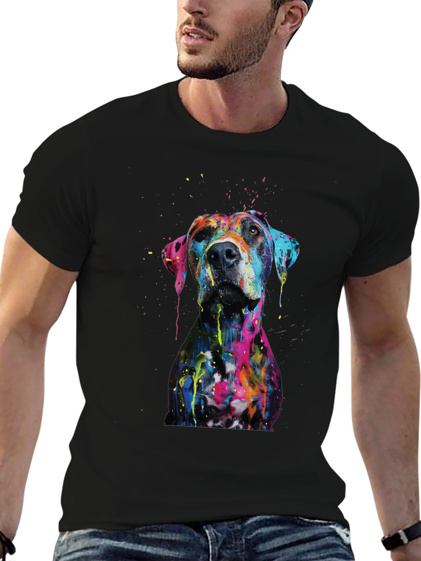 Black Men's Artistic Dog Print Black T-Shirt view 6