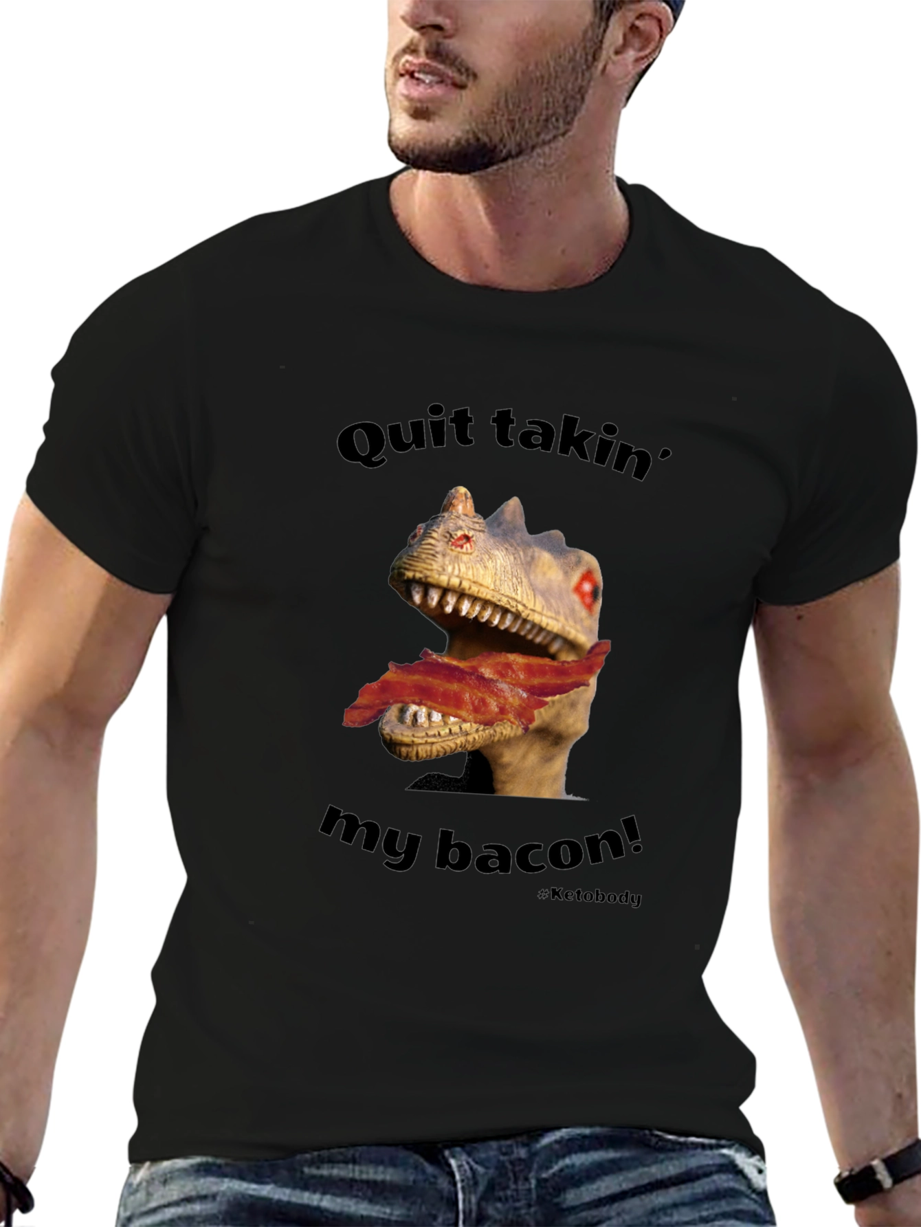 Black Dino Bacon Men's Graphic Tee - Funny Novelty Shirt view 6