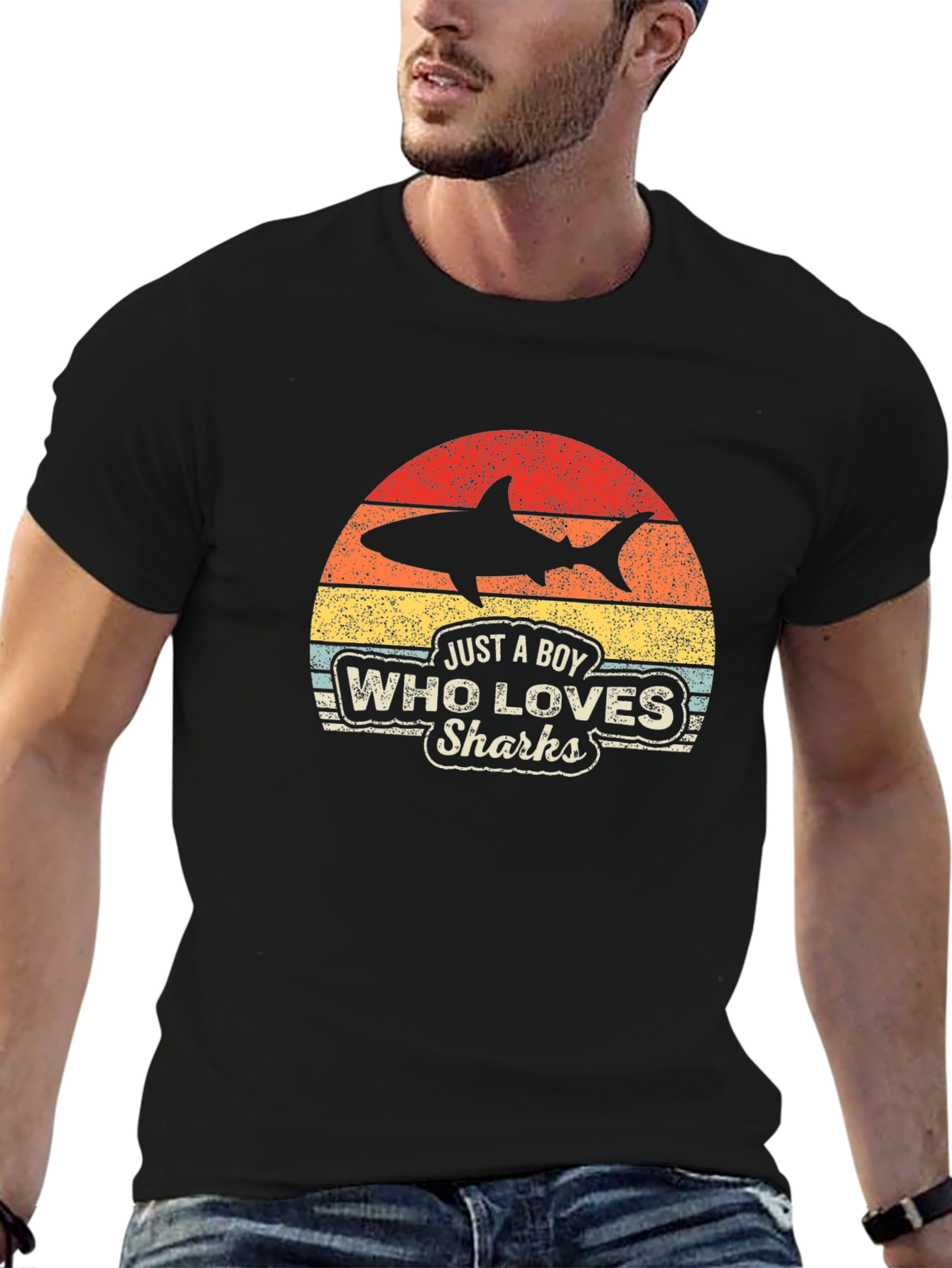 Black Boy Who Loves Sharks Black T-Shirt - Retro Style view 6