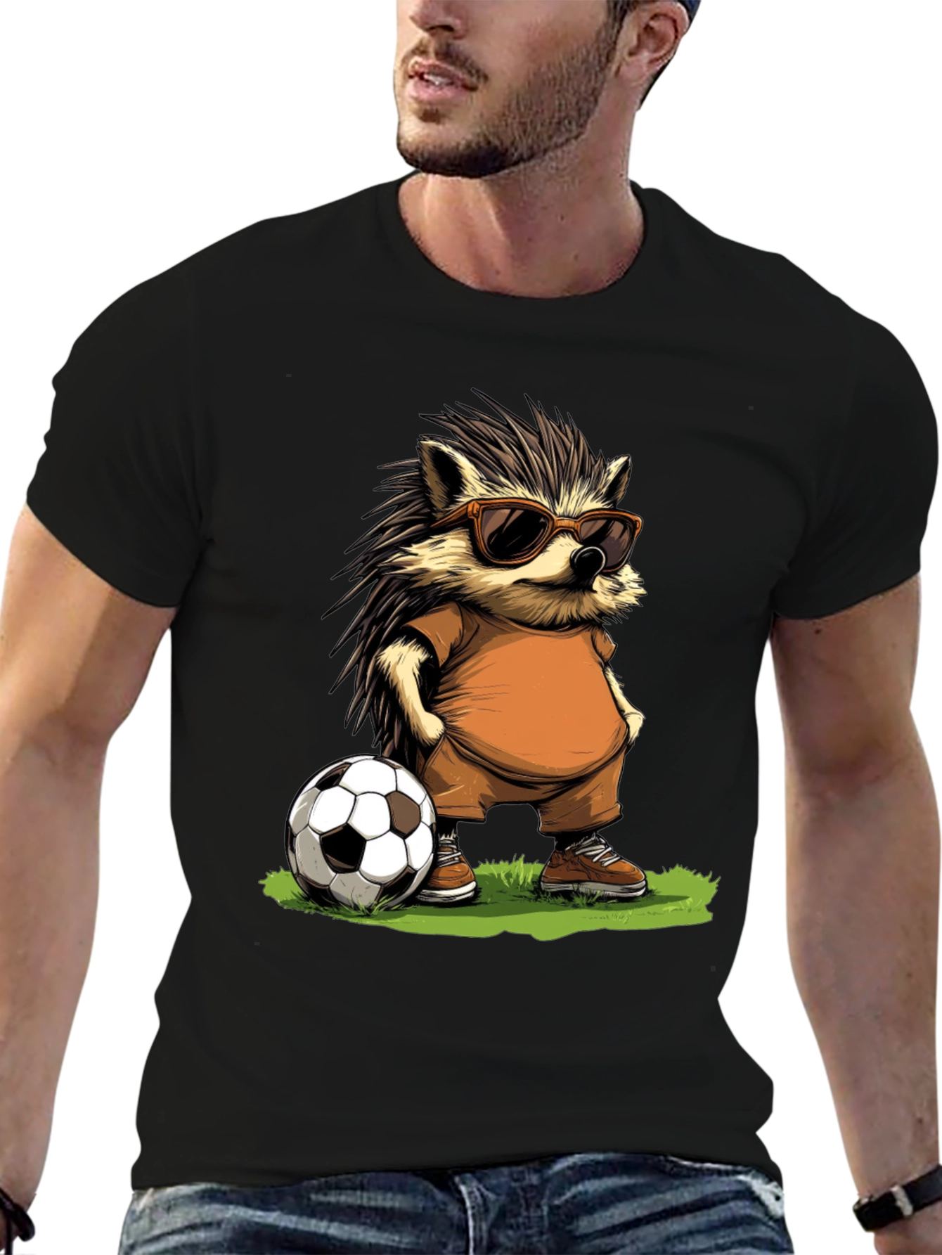 Black Cool Hedgehog Soccer T-Shirt view 6