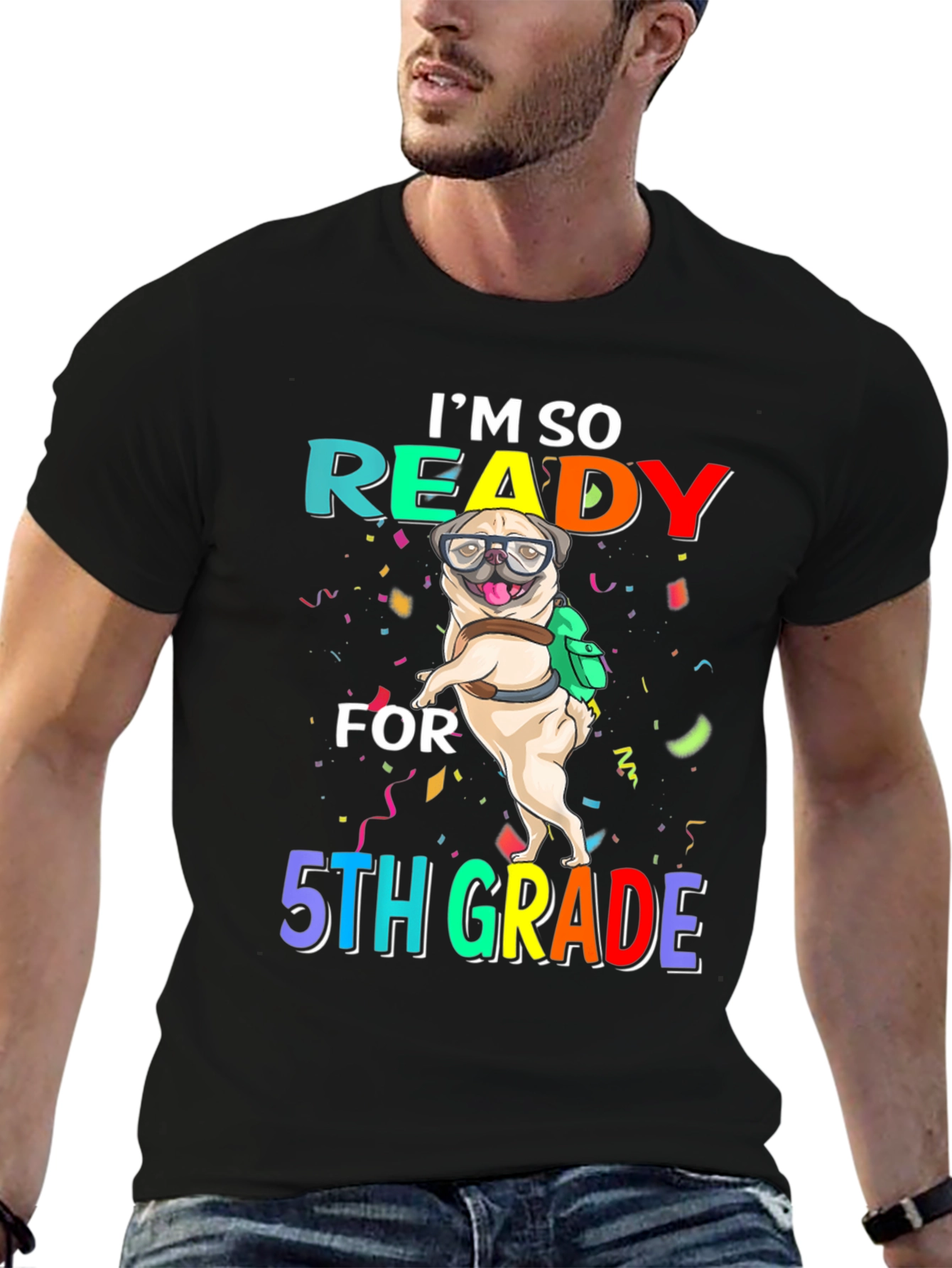Black Ready for 5th Grade Pug T-Shirt view 6