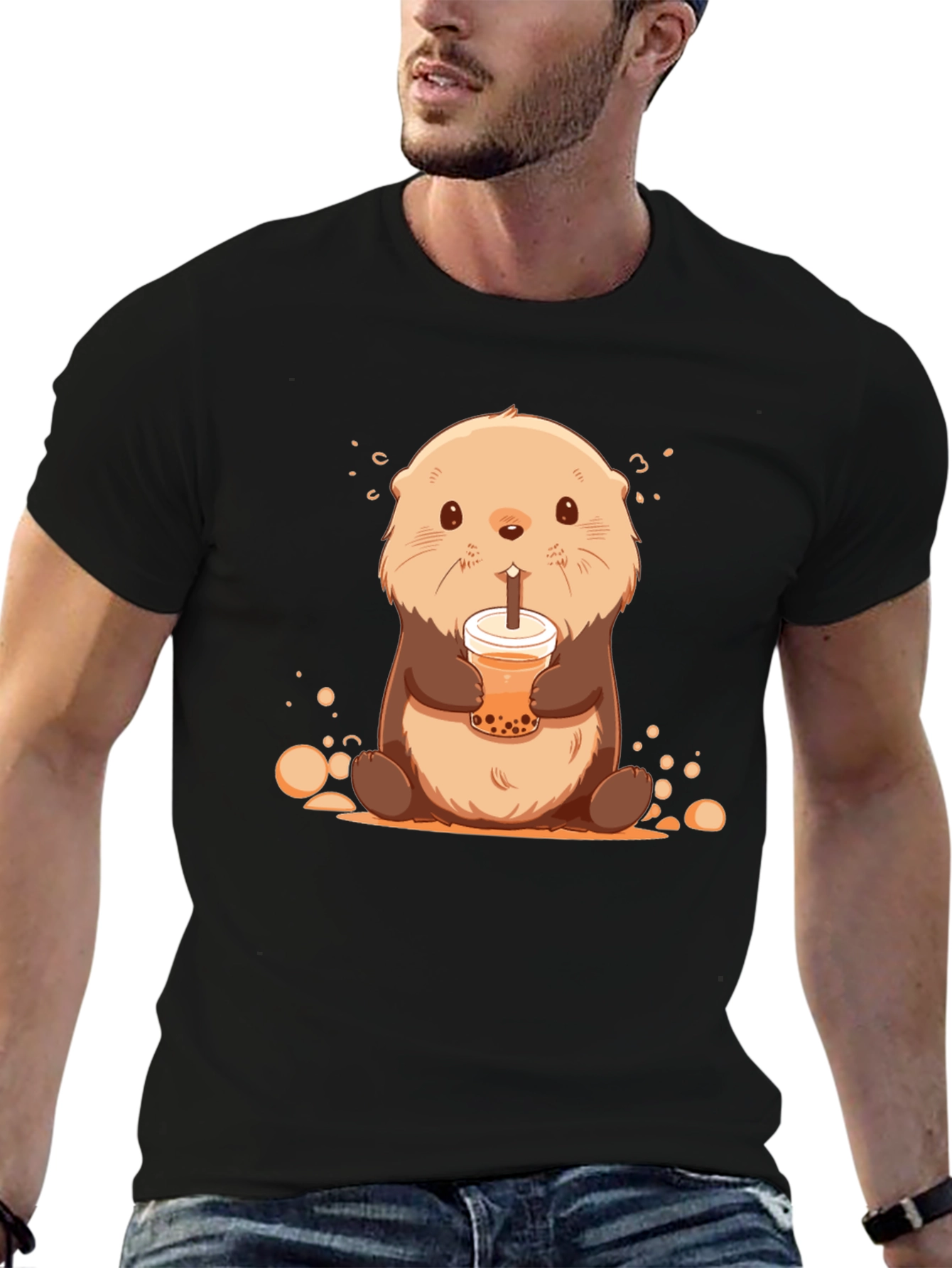 Black Cute Otter Bubble Tea Graphic T-Shirt view 6