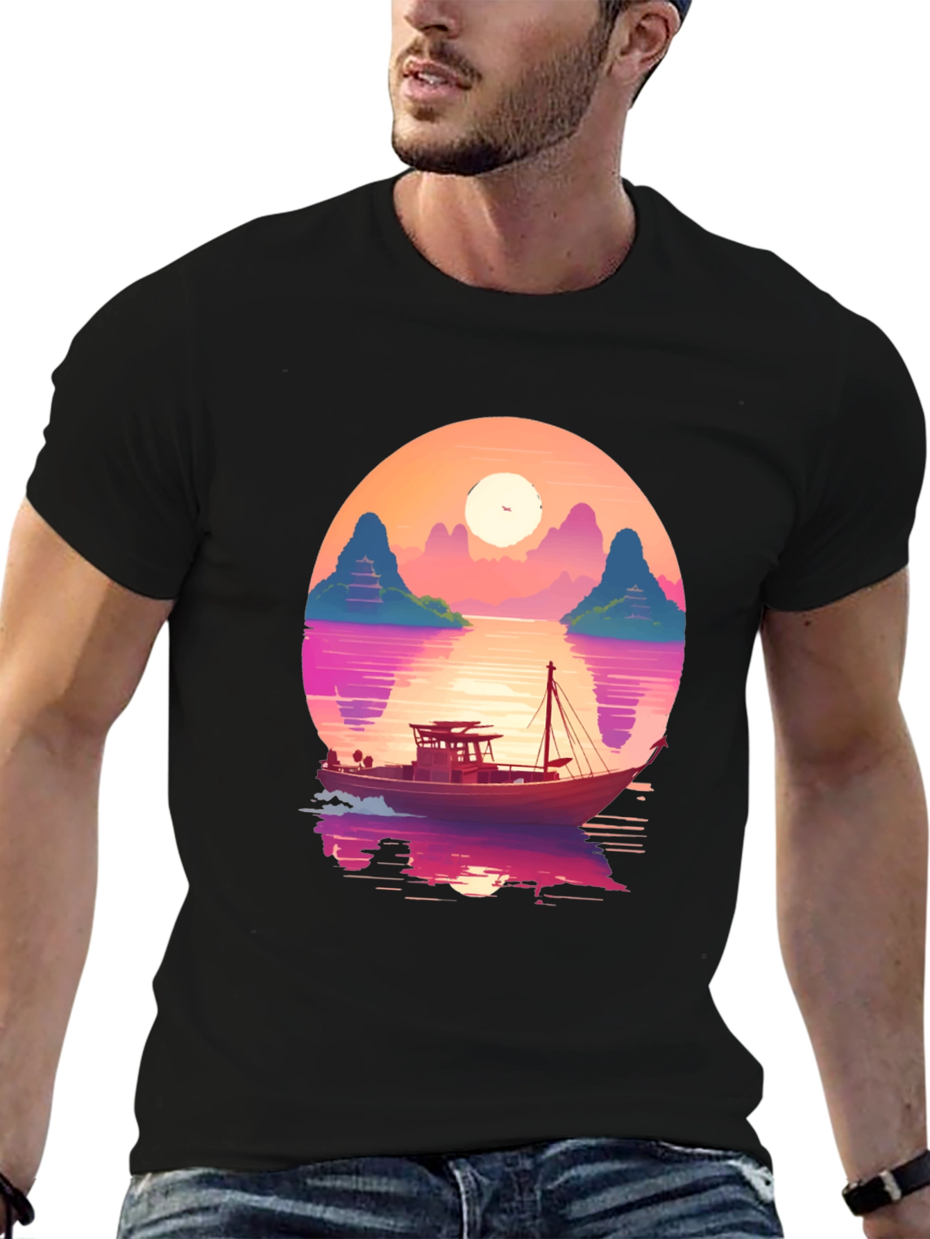Black Sunset Boat Graphic Tee - Retro Style view 6