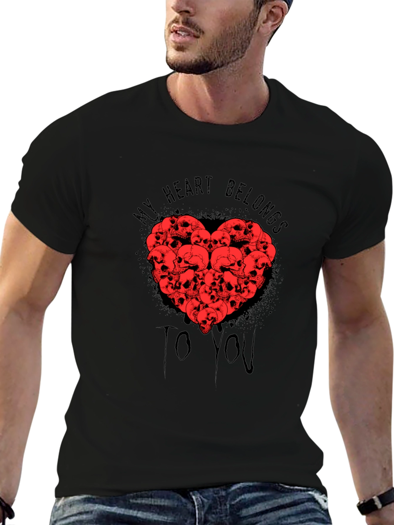 Black Skull Heart Graphic T-Shirt - My Heart Belongs To You view 6