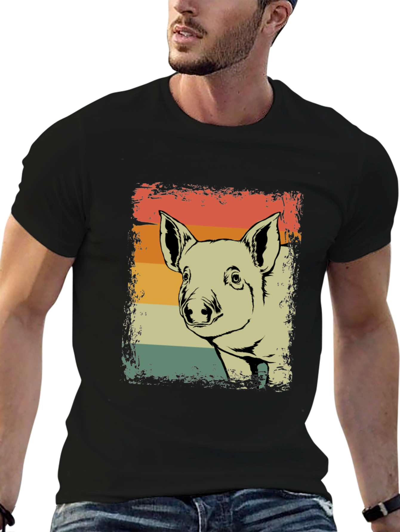 Black Retro Pig Graphic Tee - Vintage Style Piglet T-Shirt view 6