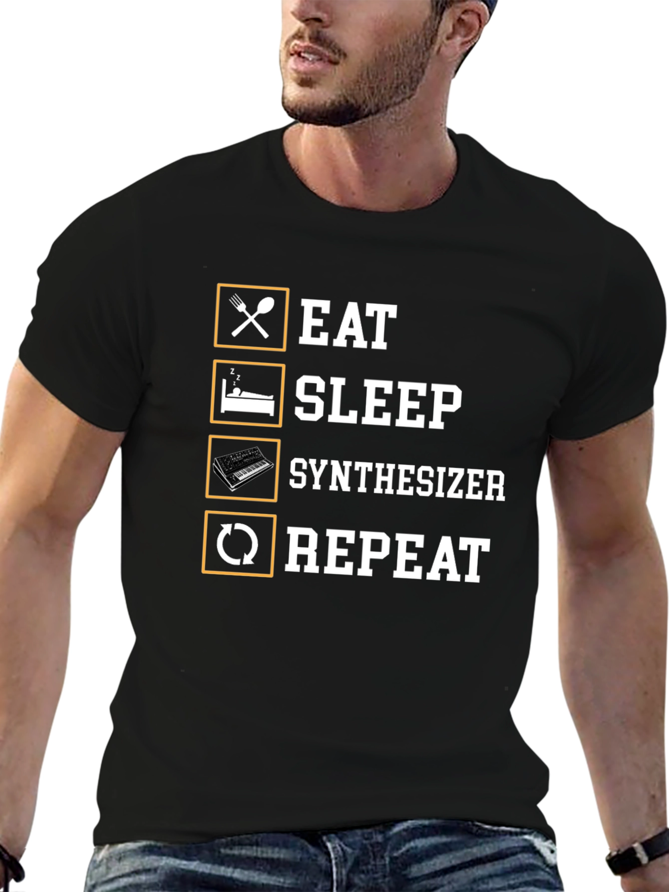 Black Eat Sleep Synthesizer Repeat Black T-Shirt view 6