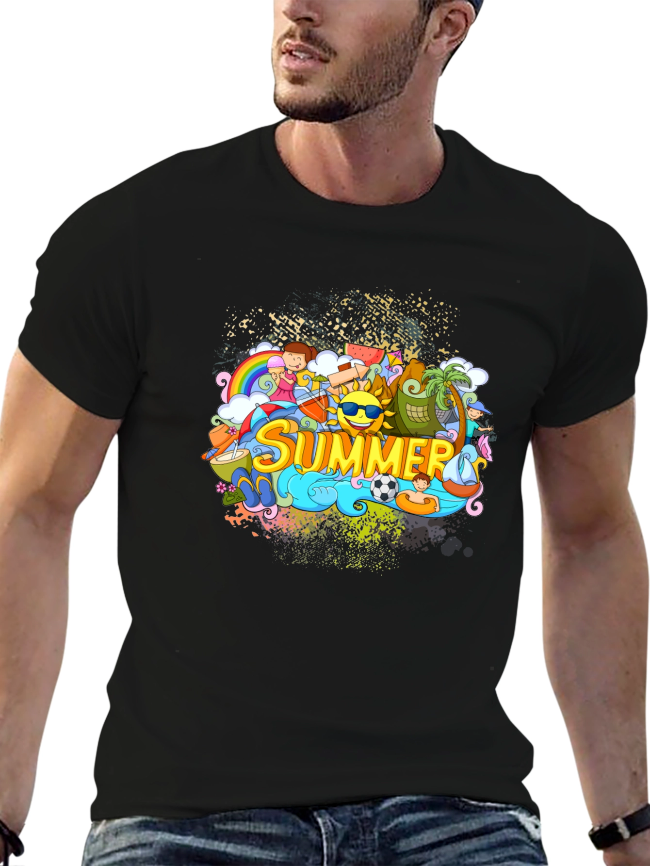 Black Summer Themed Graphic Tee - Black Unisex T-Shirt view 6