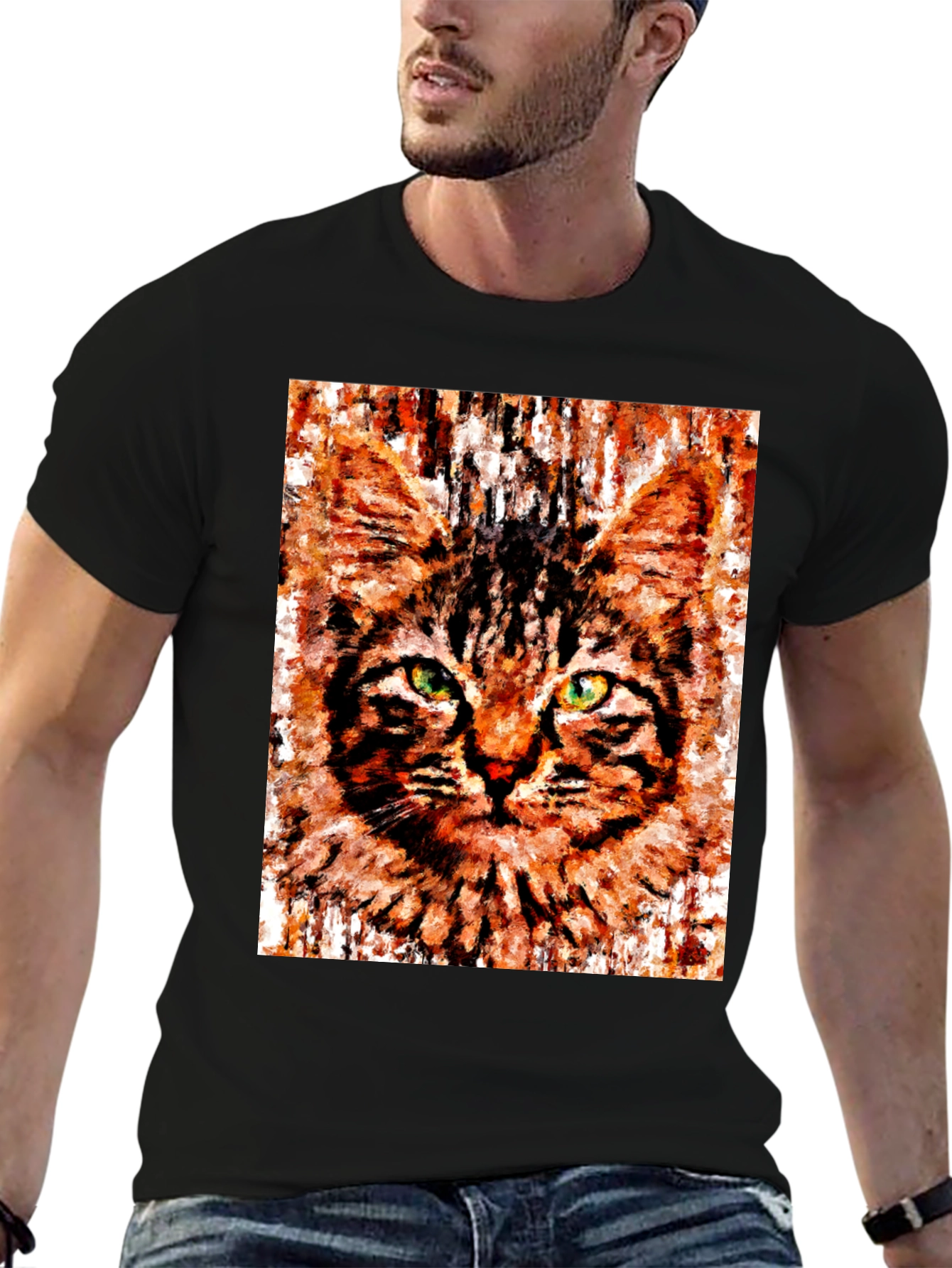 Black Abstract Cat Portrait Graphic T-Shirt view 6