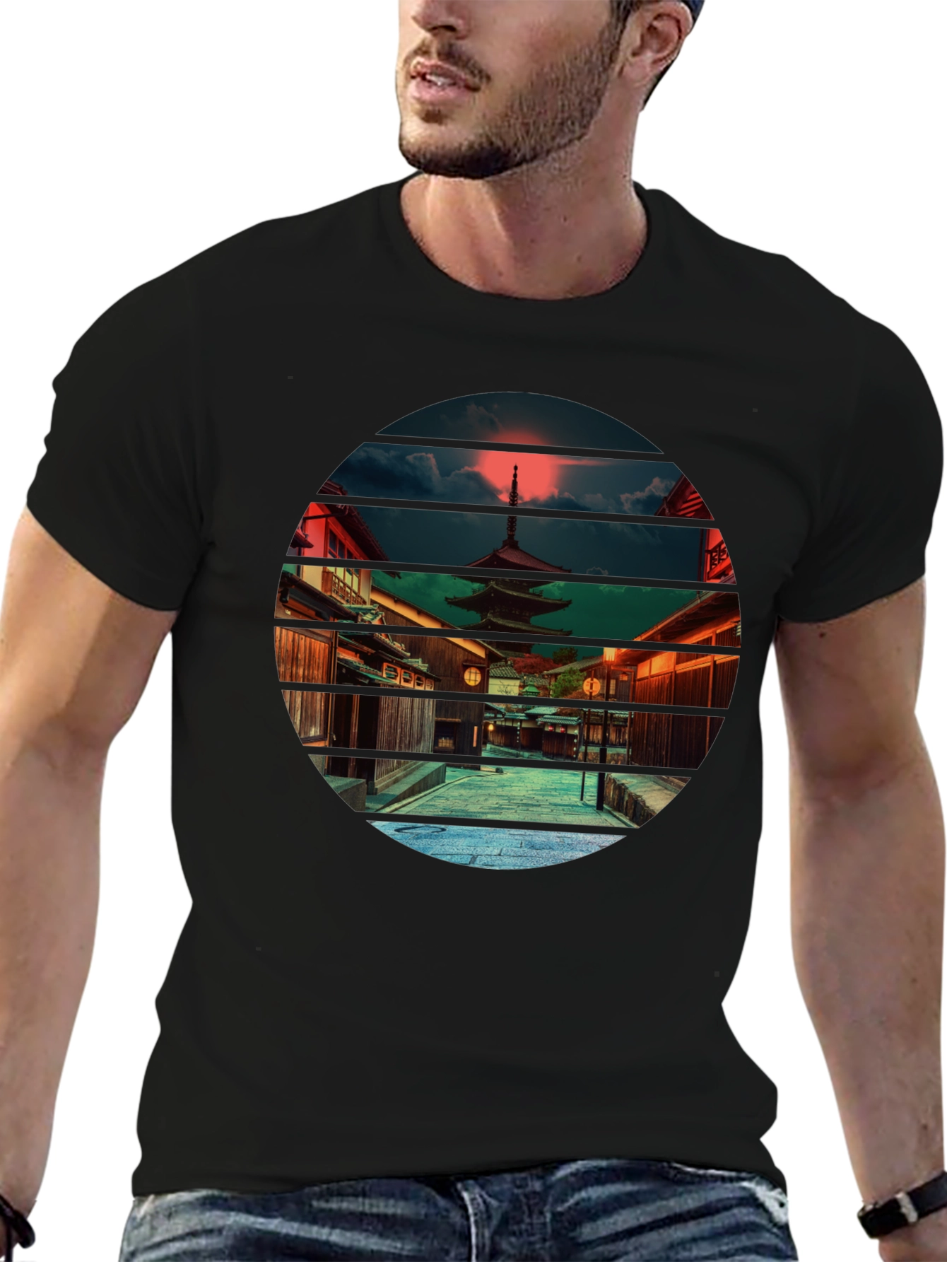 Black Japanese Temple Sunset Black T-Shirt view 6