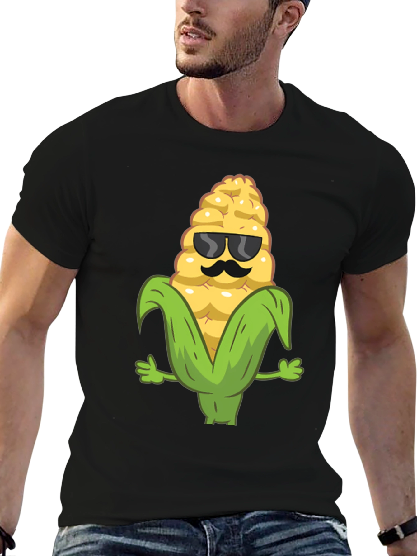 Black Cool Corn Graphic Tee - Black Cotton T-Shirt view 6