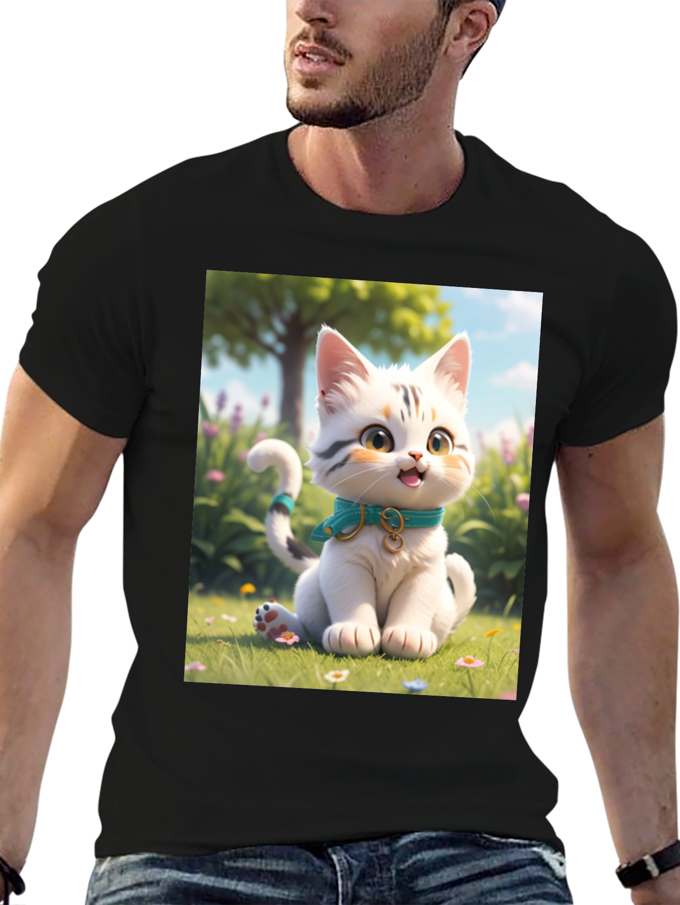 Black Cute Cartoon Cat T-Shirt view 6