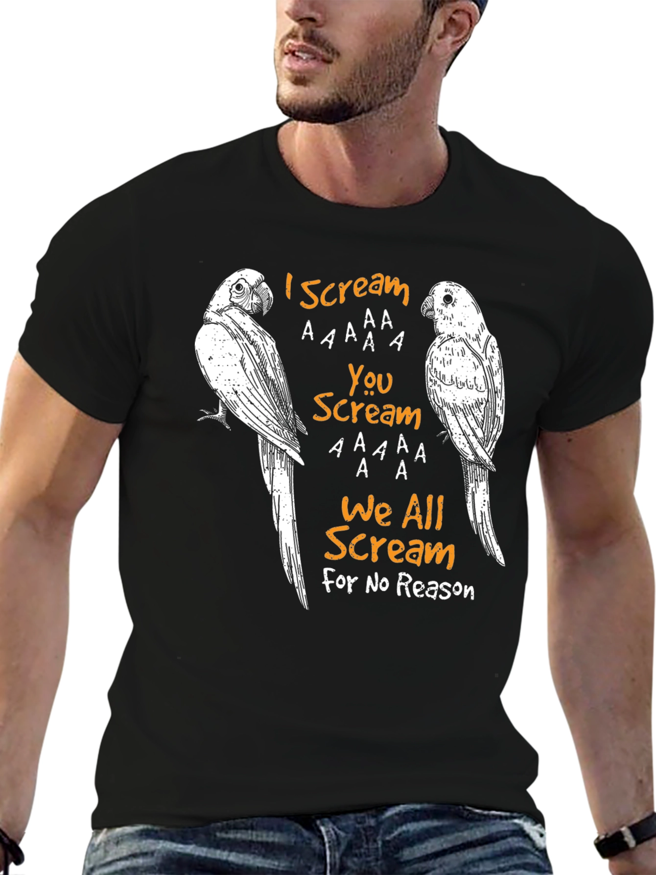 Black Funny "I Scream" T-Shirt with Parrot Graphic Design view 6