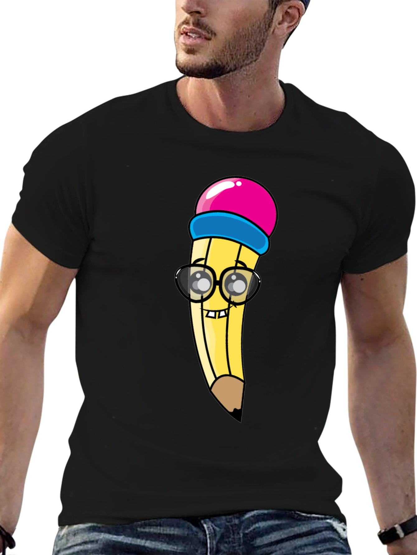 Black Cartoon Pencil Graphic Tee - Black Cotton Blend view 6