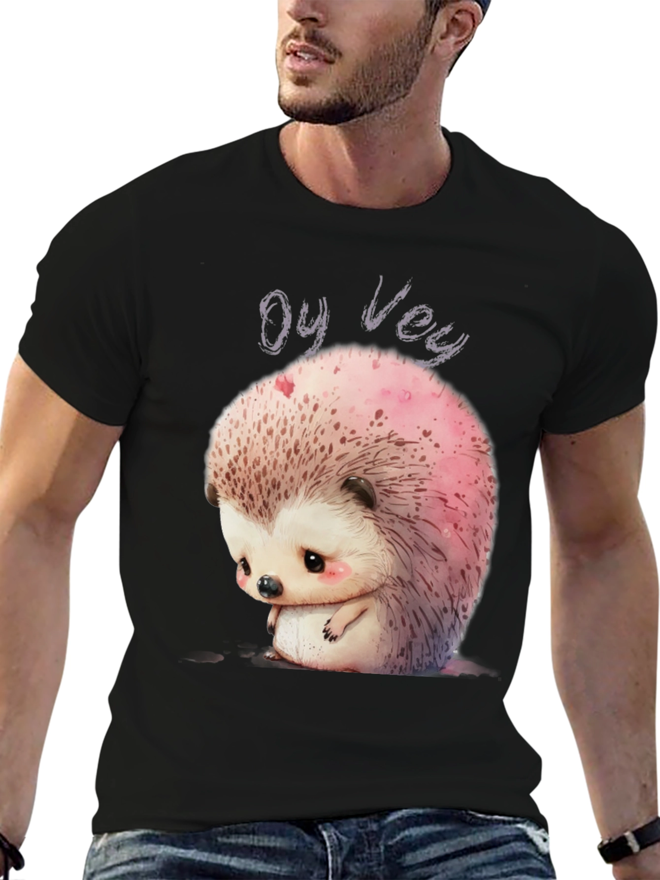 Black Oy Vey Sad Hedgehog Graphic Tee - Unisex Black T-Shirt view 6
