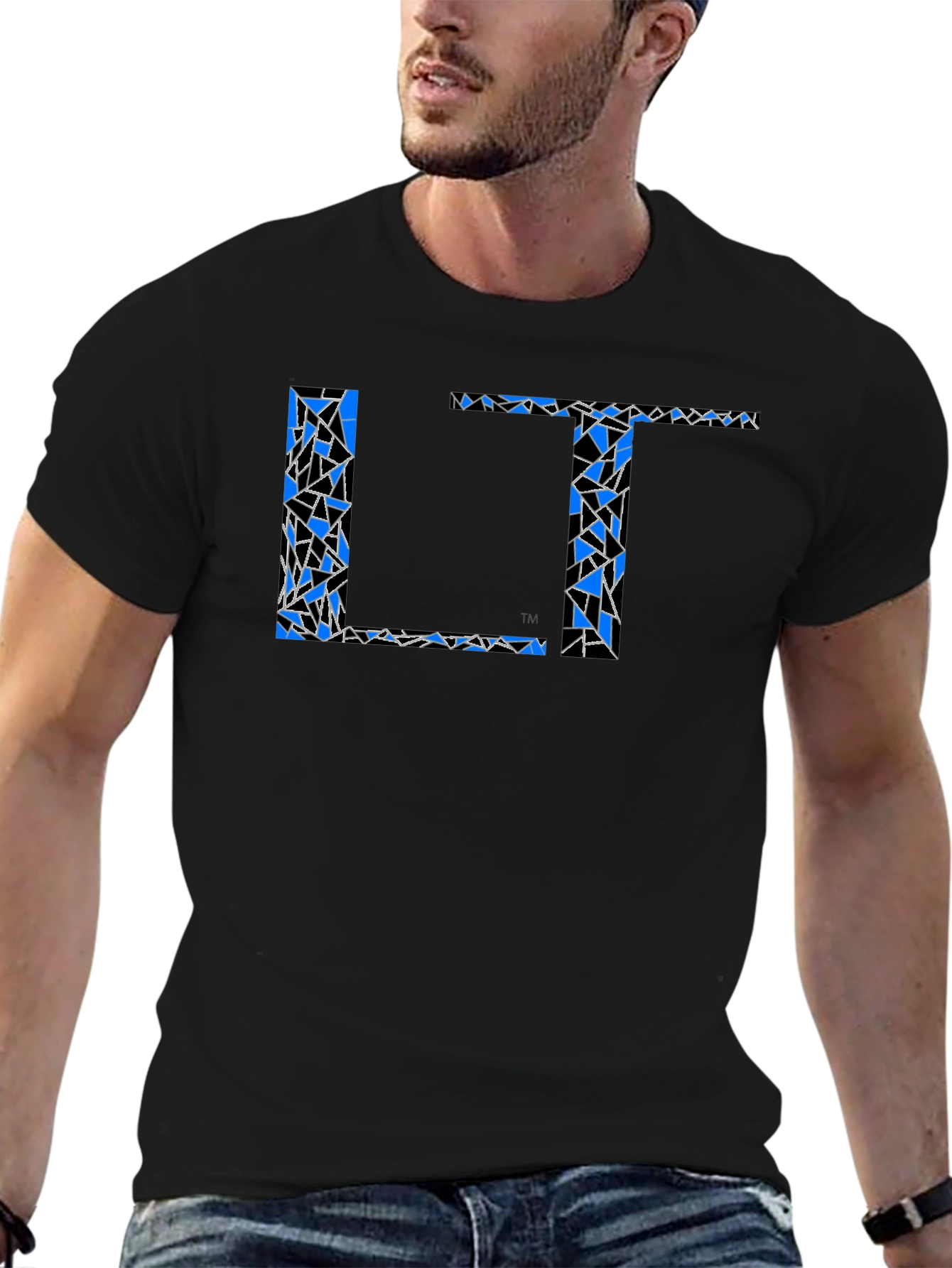 Black Abstract Blue LT Print Black T-Shirt view 6