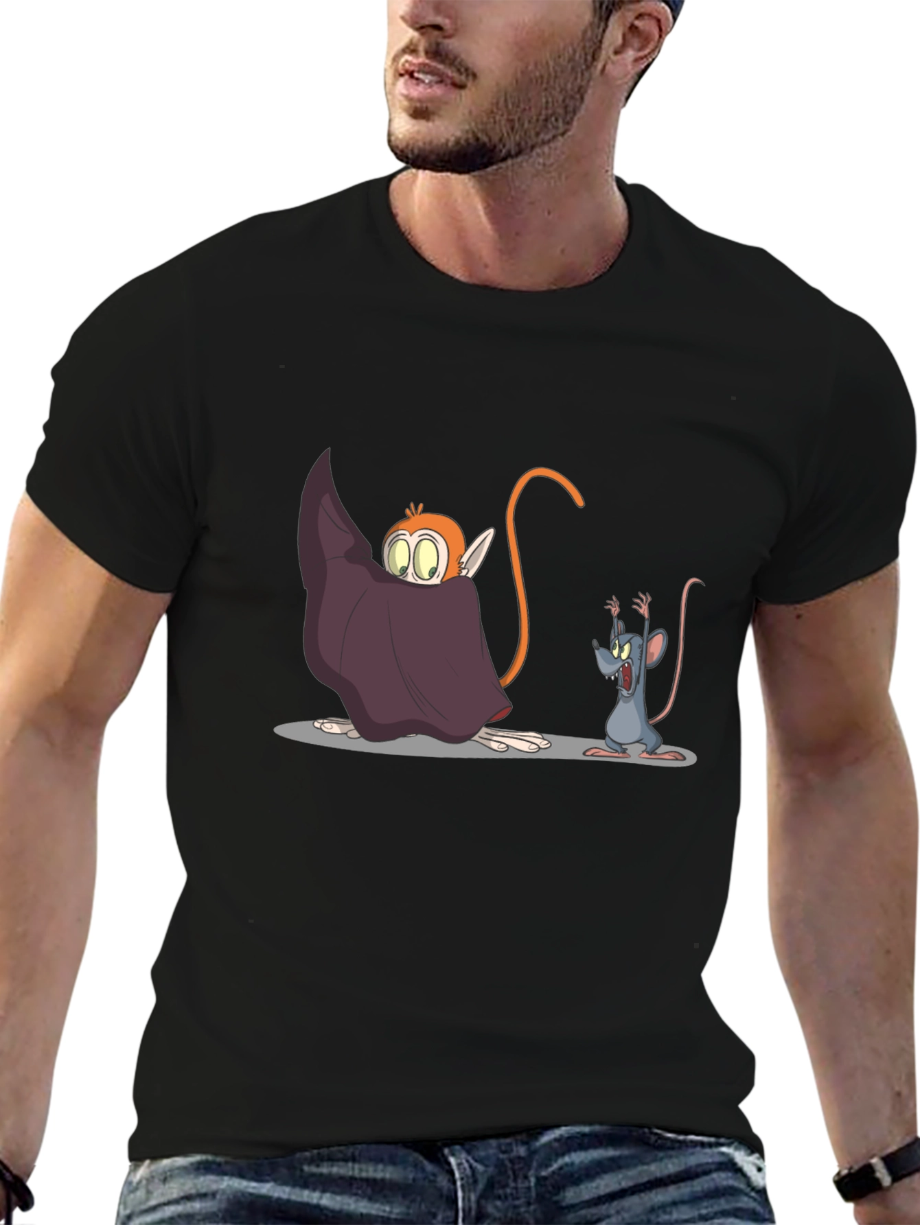 Black Cartoon Monkey & Mouse Graphic Black T-Shirt view 6