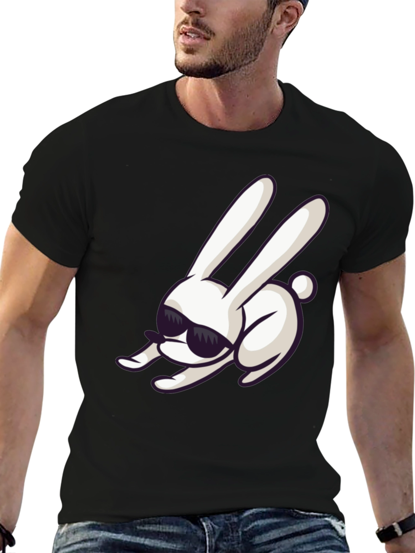 Black Cool Rabbit Graphic Tee - Black Cotton Blend view 6