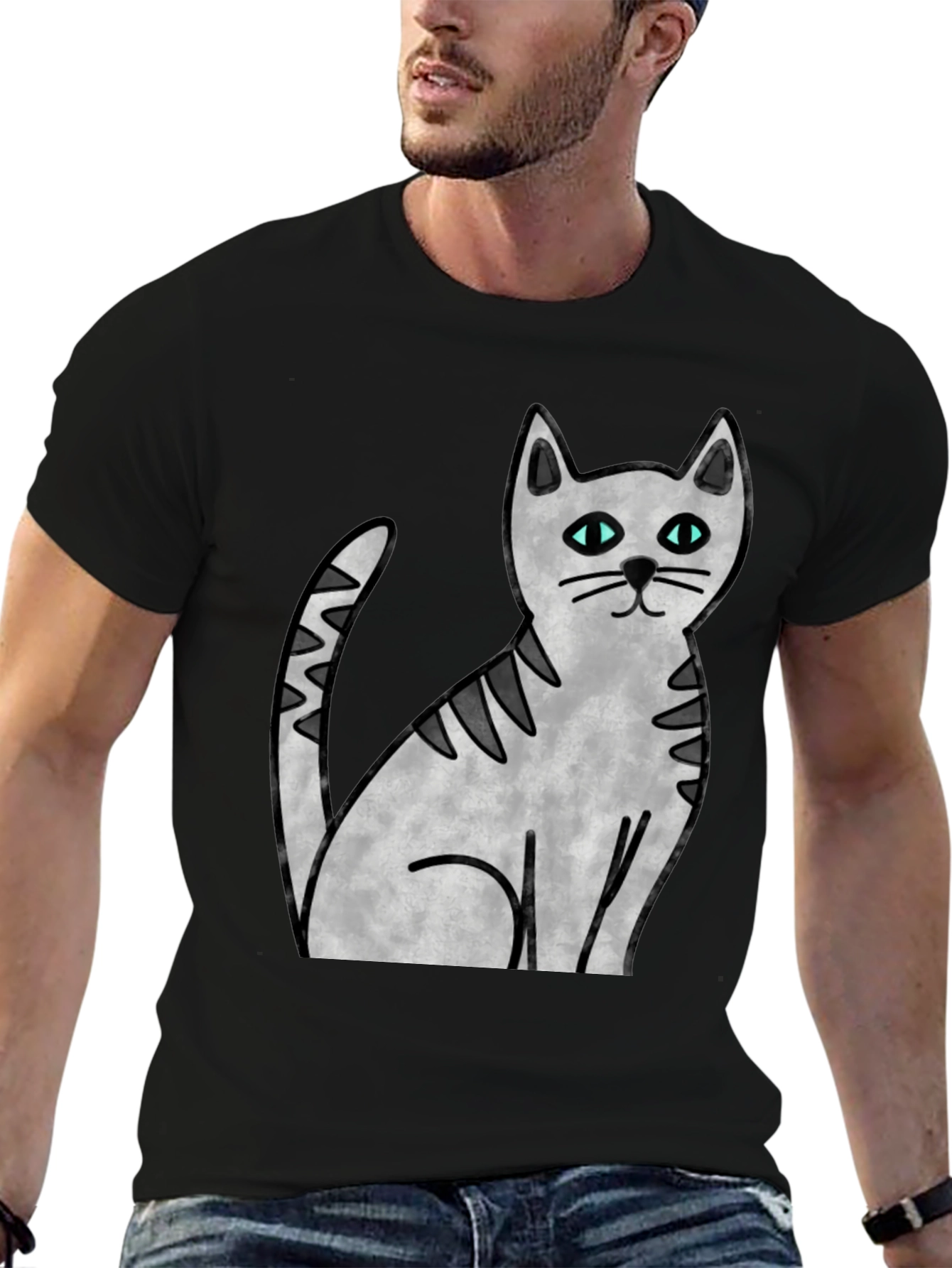 Black Cute Cat Graphic Print Black T-Shirt view 6