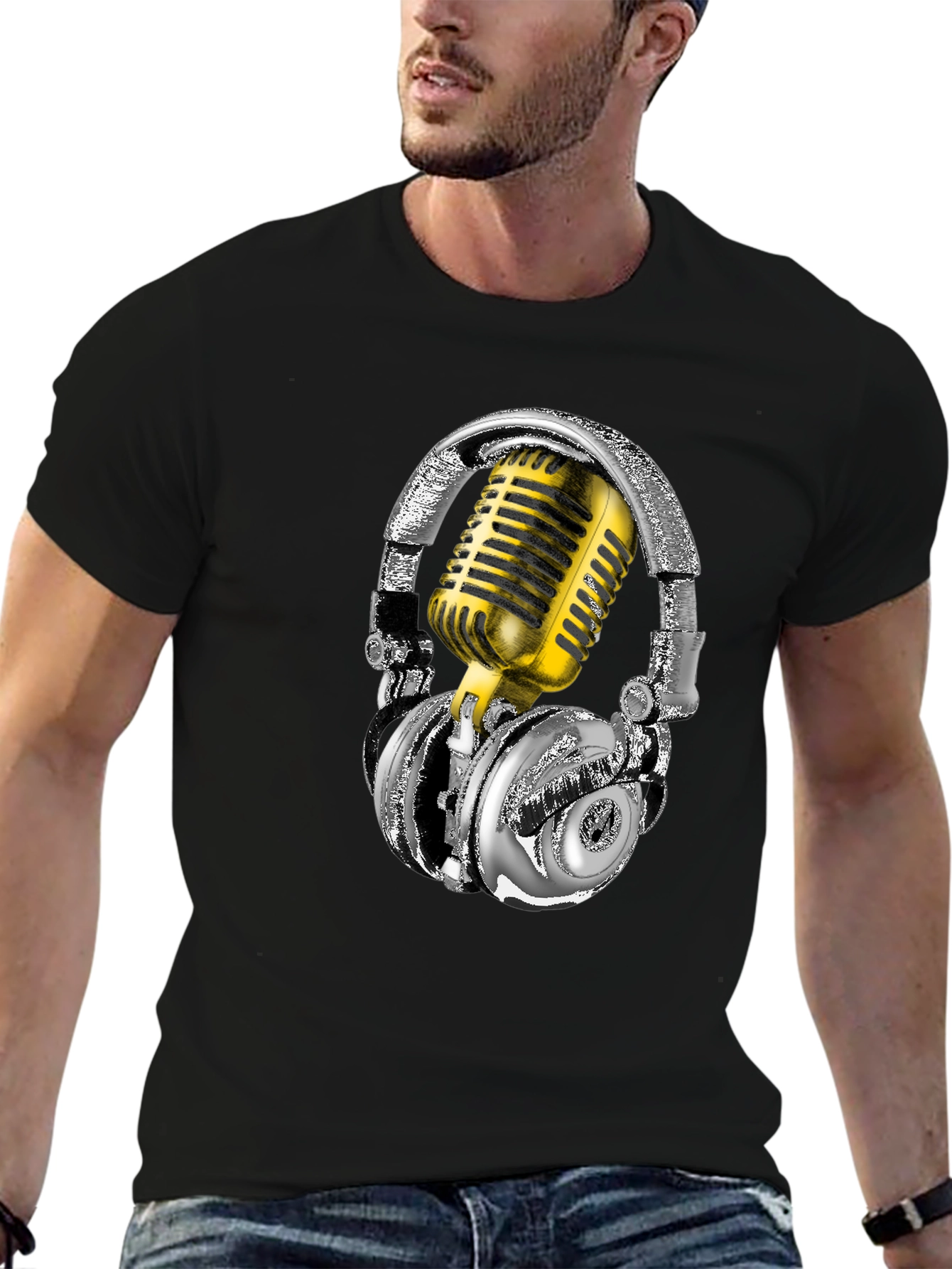 Black Headphones & Mic Graphic Tee view 6