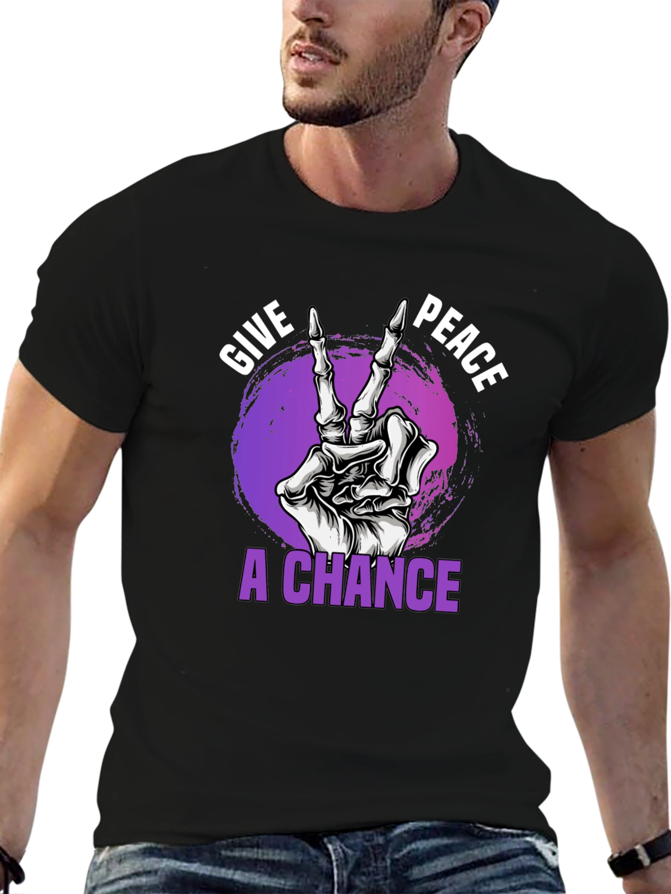 Black Give Peace A Chance Skeleton Hand Graphic T-Shirt view 6