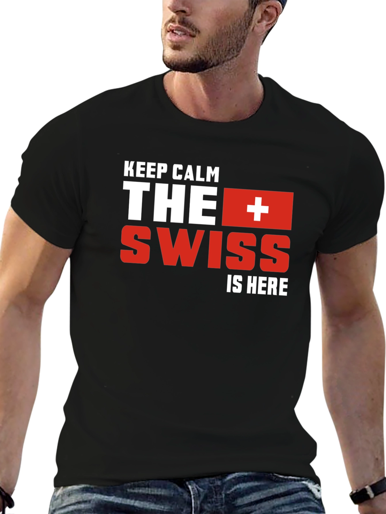 Black Keep Calm The Swiss Is Here Black T-Shirt view 6