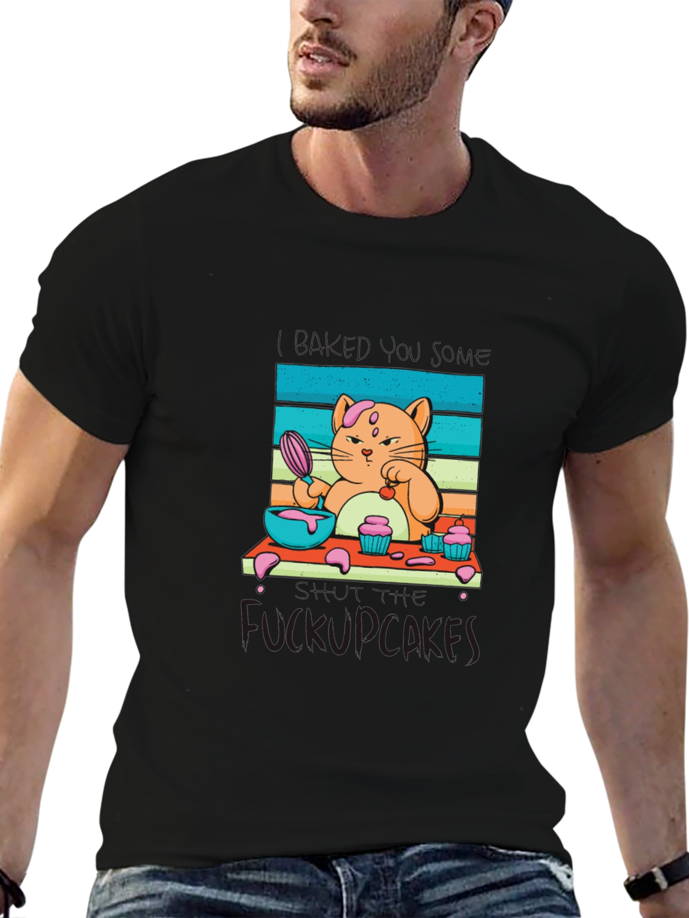 Black Funny Cat Baking Cupcakes T-Shirt view 6