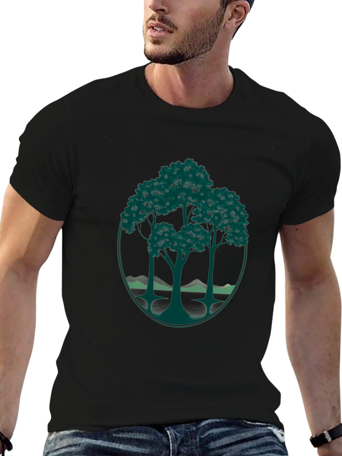 Black Nature-Inspired Black T-Shirt with Tree Graphic view 6