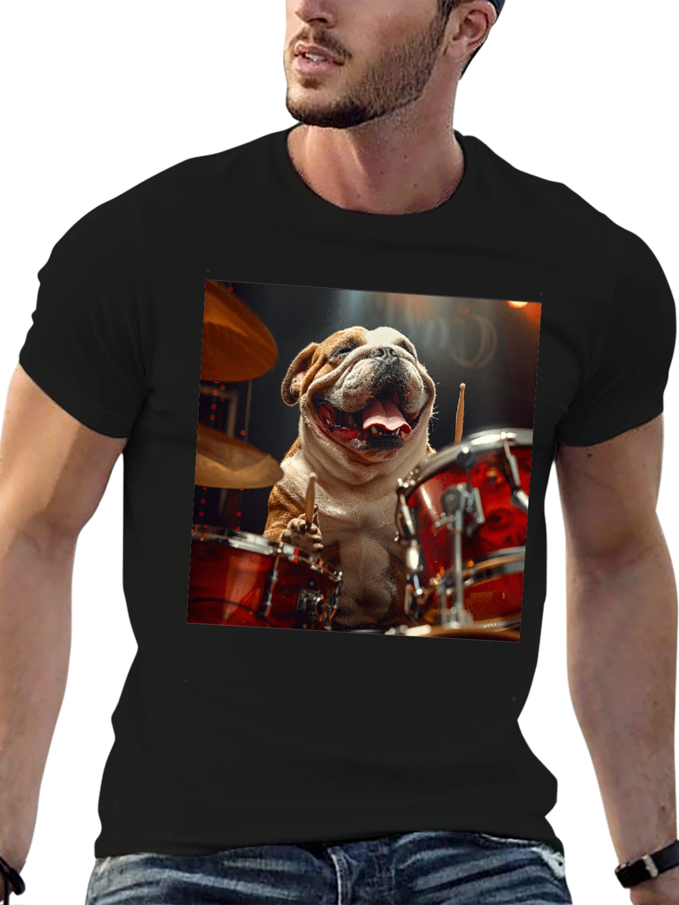 Black Bulldog Drummer Graphic Tee - Black Cotton T-Shirt view 6