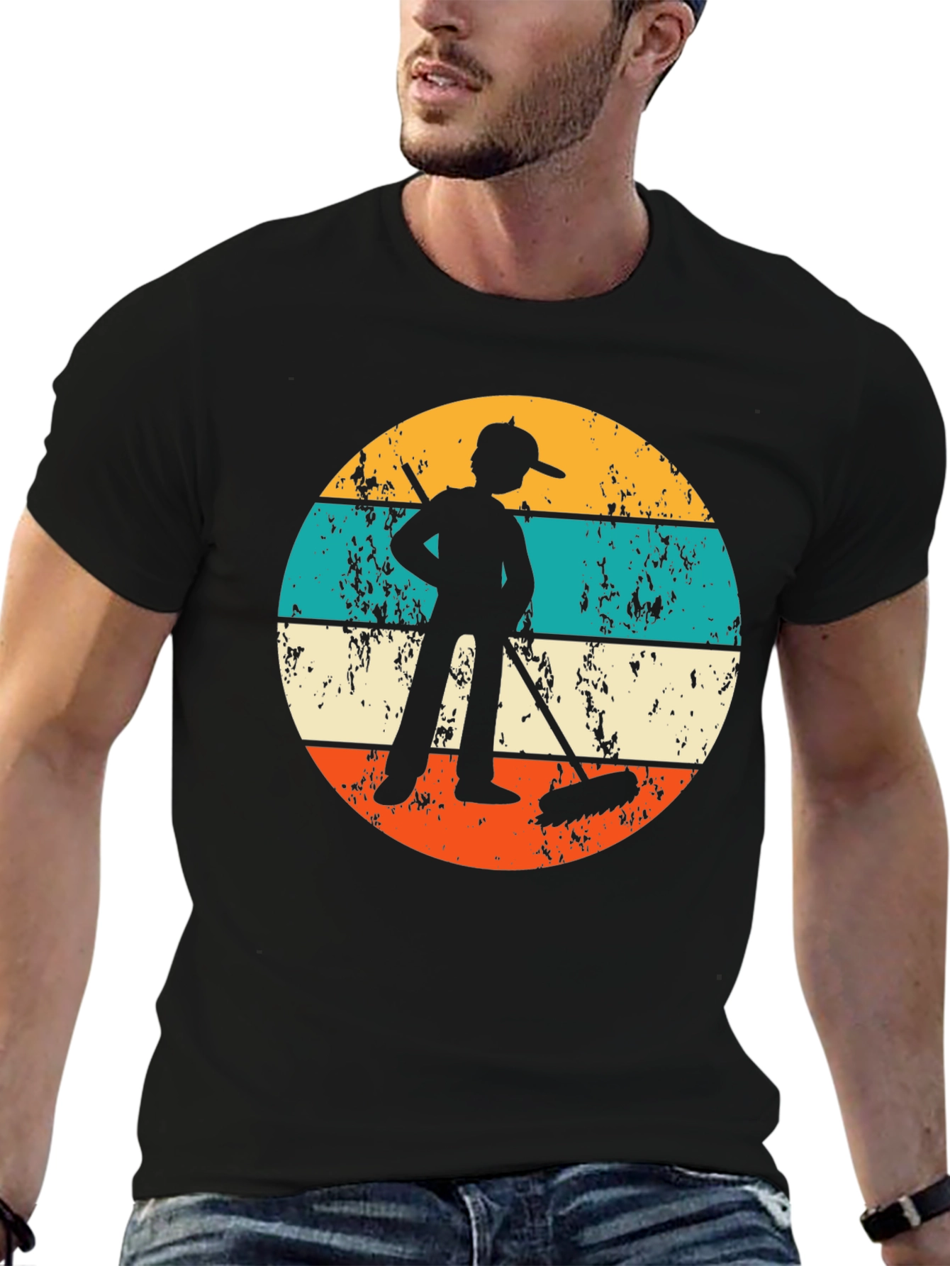 Black Vintage Sweeper Tee - Retro Janitor Graphic T-Shirt view 6