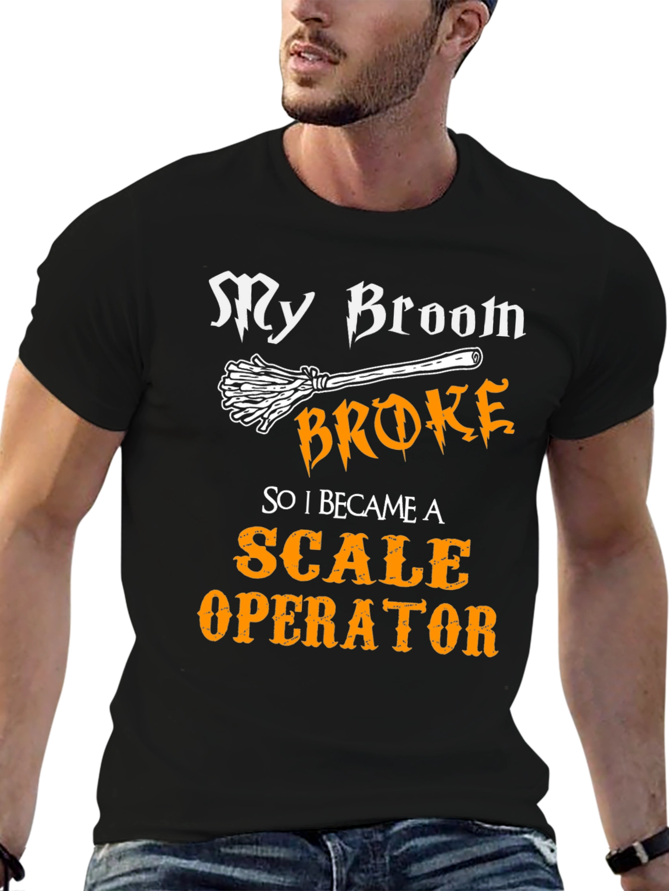 Black Funny Scale Operator T-Shirt My Broom Broke view 6