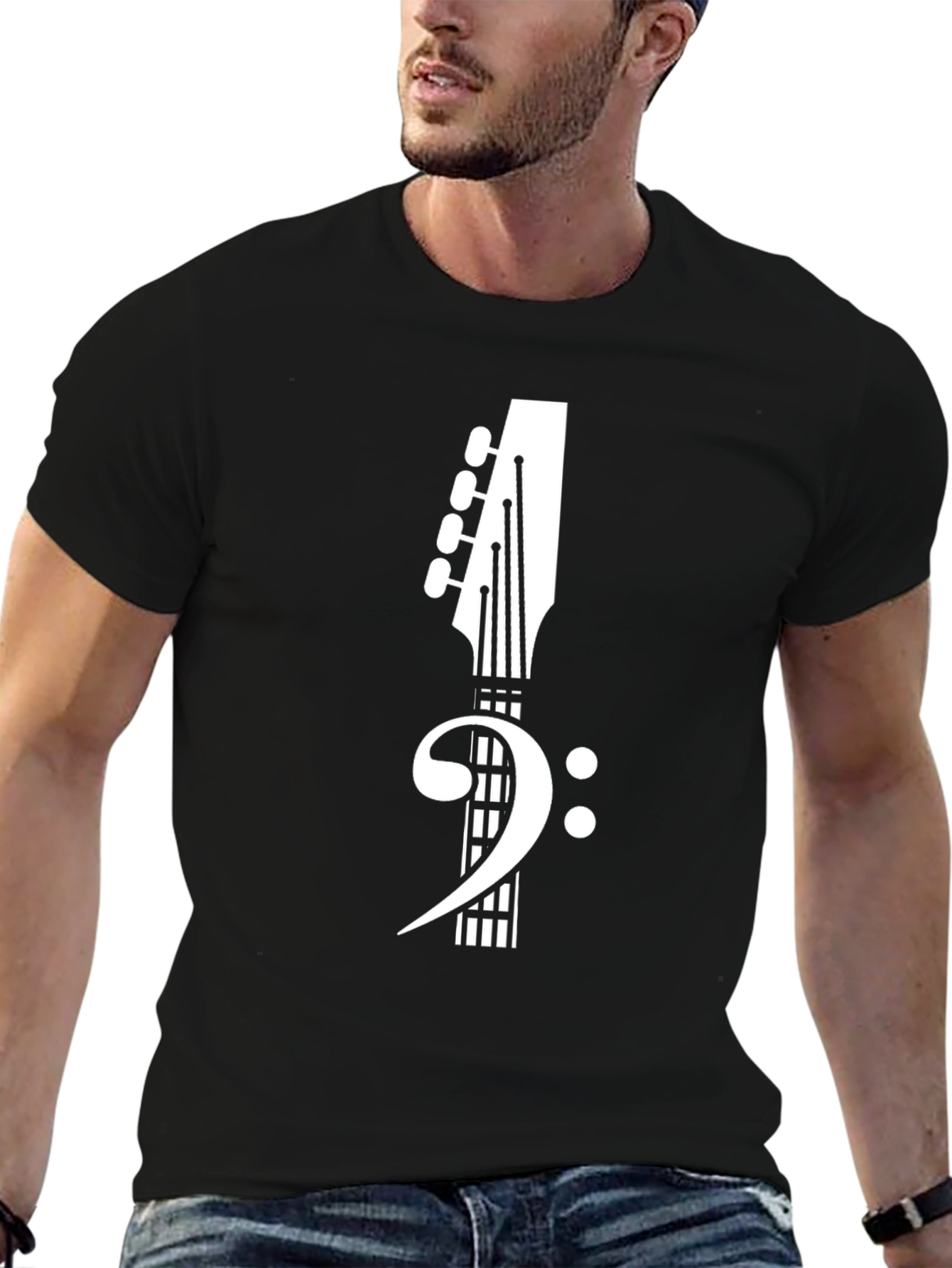 Black Bass Clef Guitar Tee - Music Lover's T-Shirt view 6
