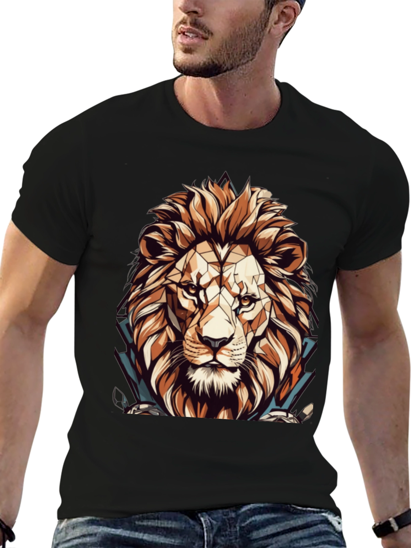 Black Geometric Lion Graphic Black T-Shirt view 6