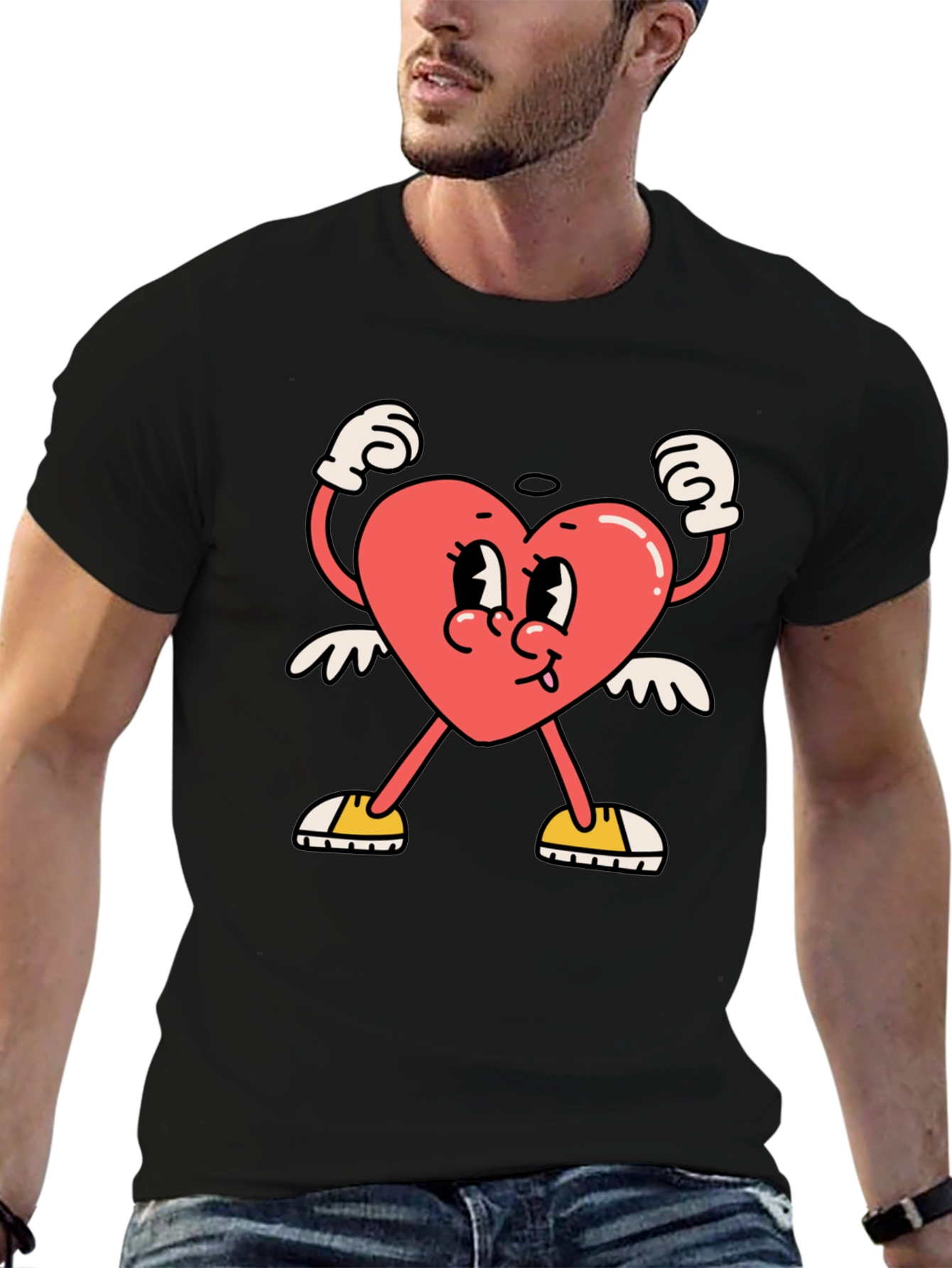 Black Heart Character Graphic Tee - Black Cotton T-Shirt view 6