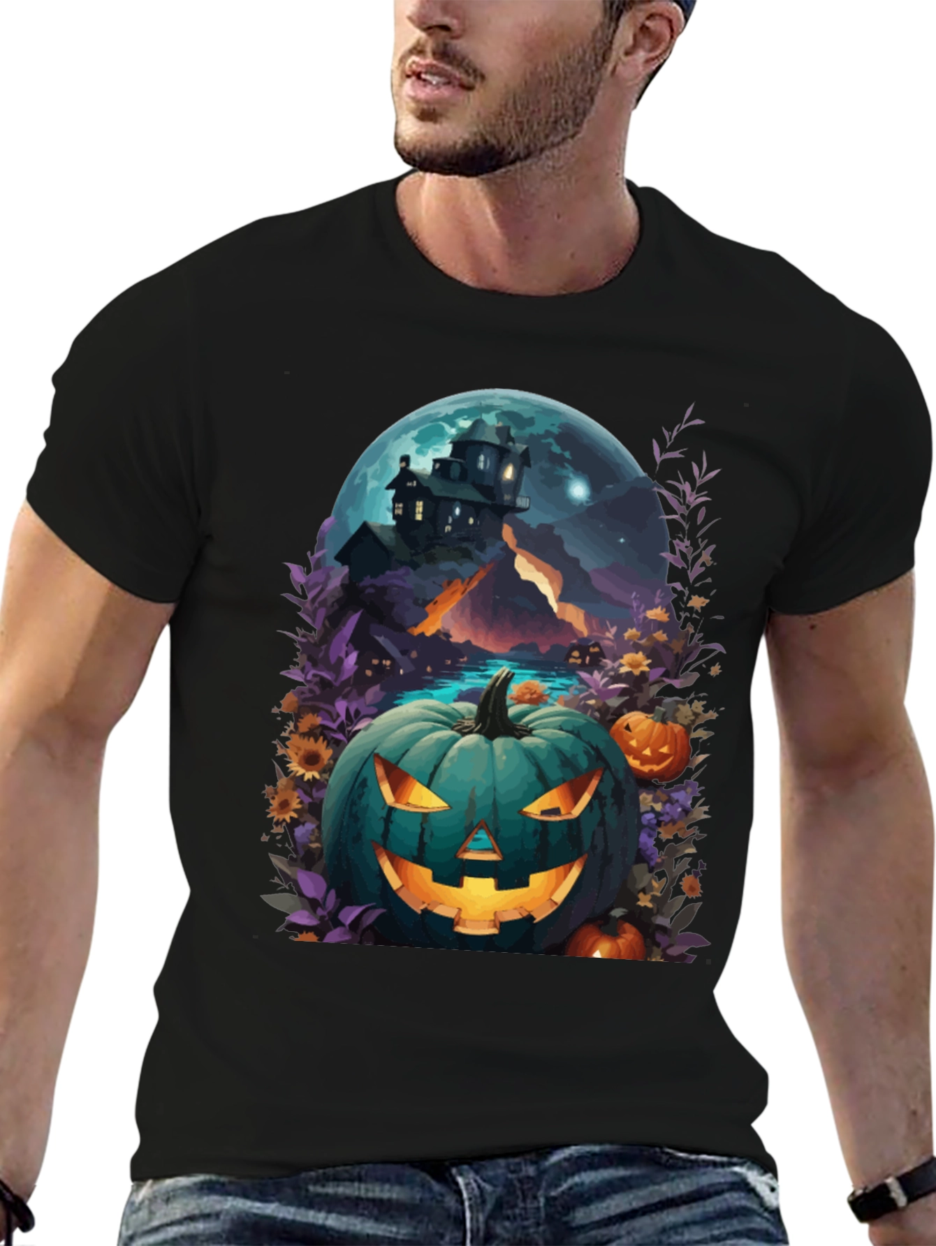 Black Halloween Pumpkin House T-Shirt view 6