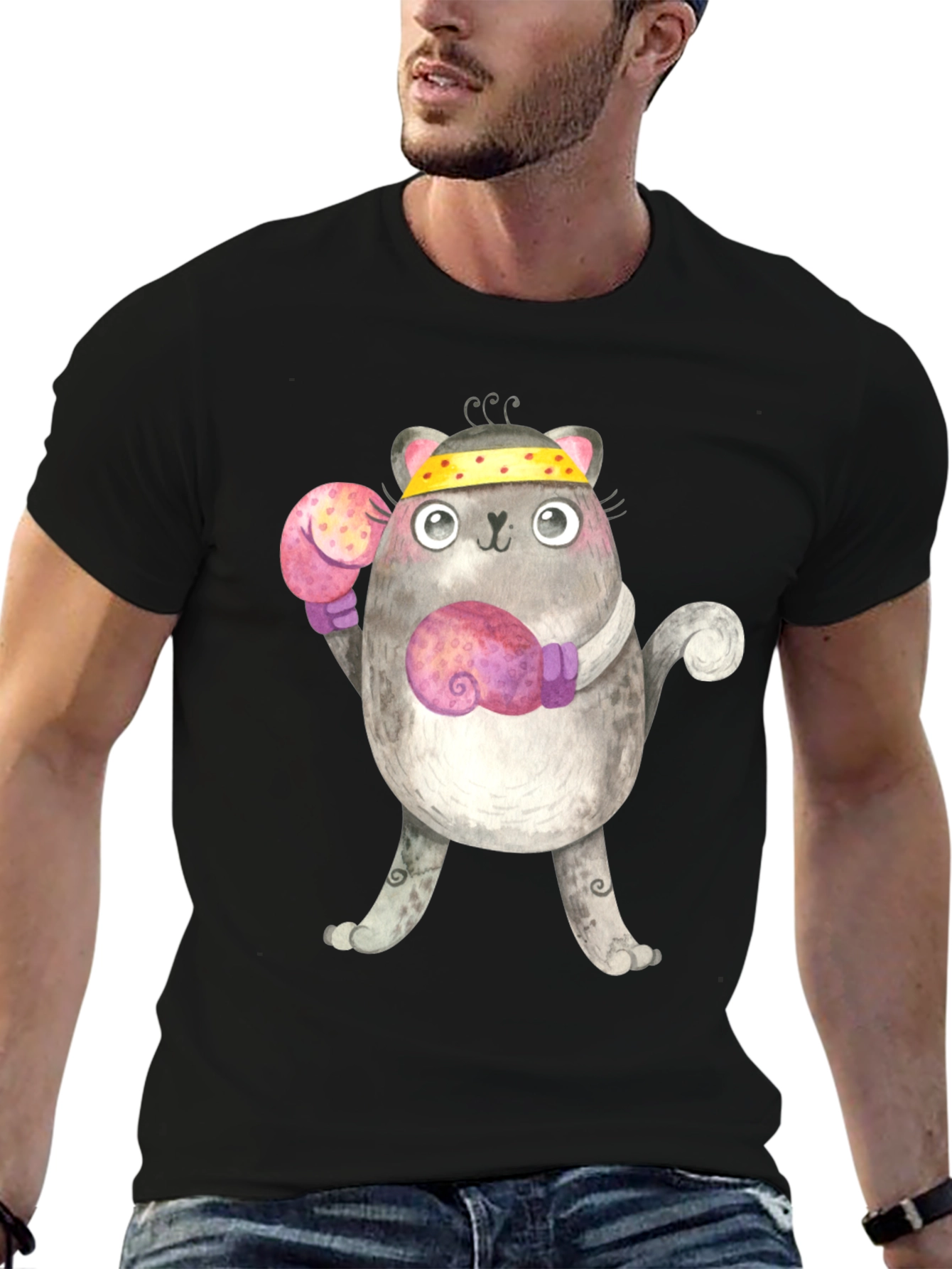 Black Funny Boxing Cat T-Shirt view 6
