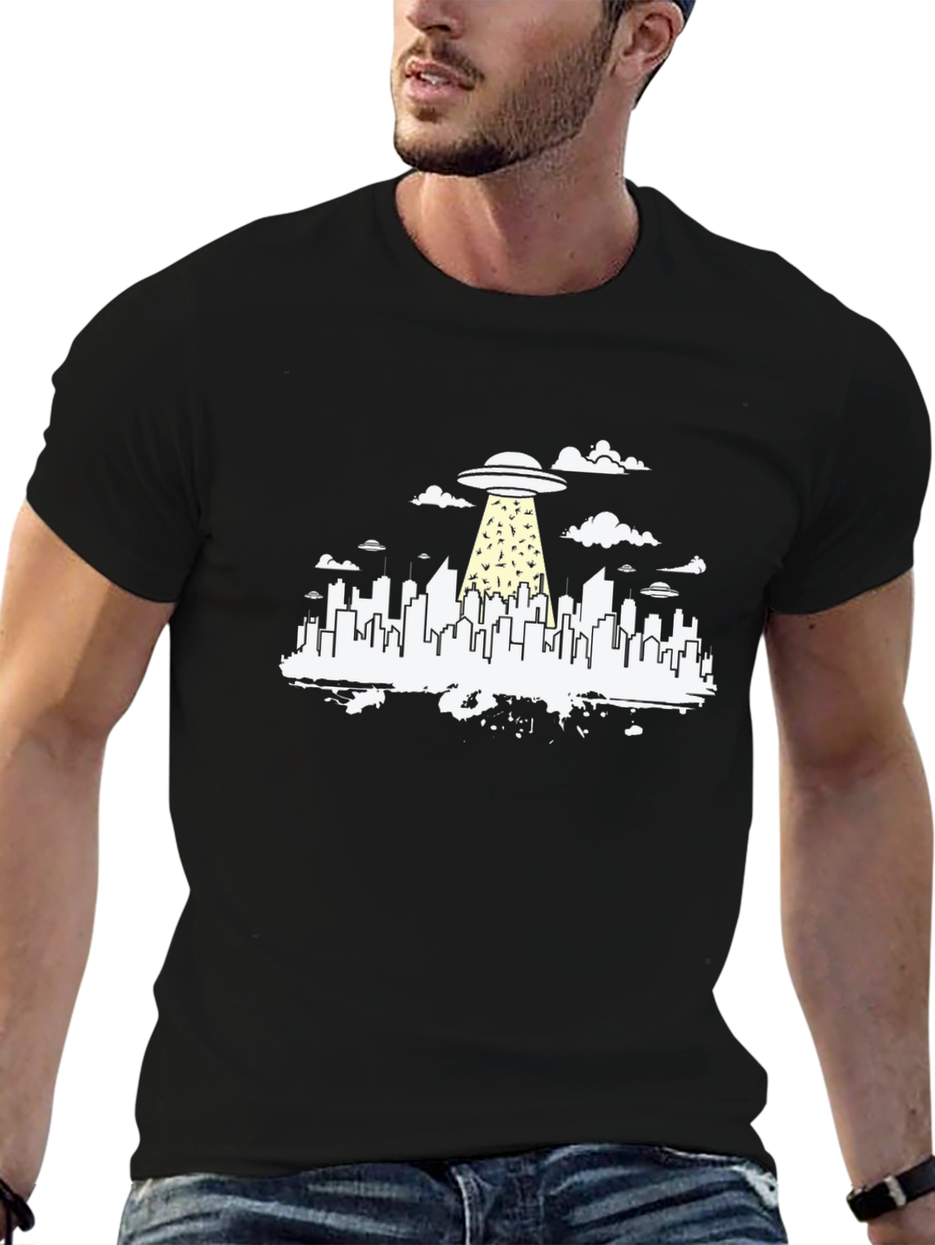 Black UFO Abduction Cityscape Graphic Tee view 6