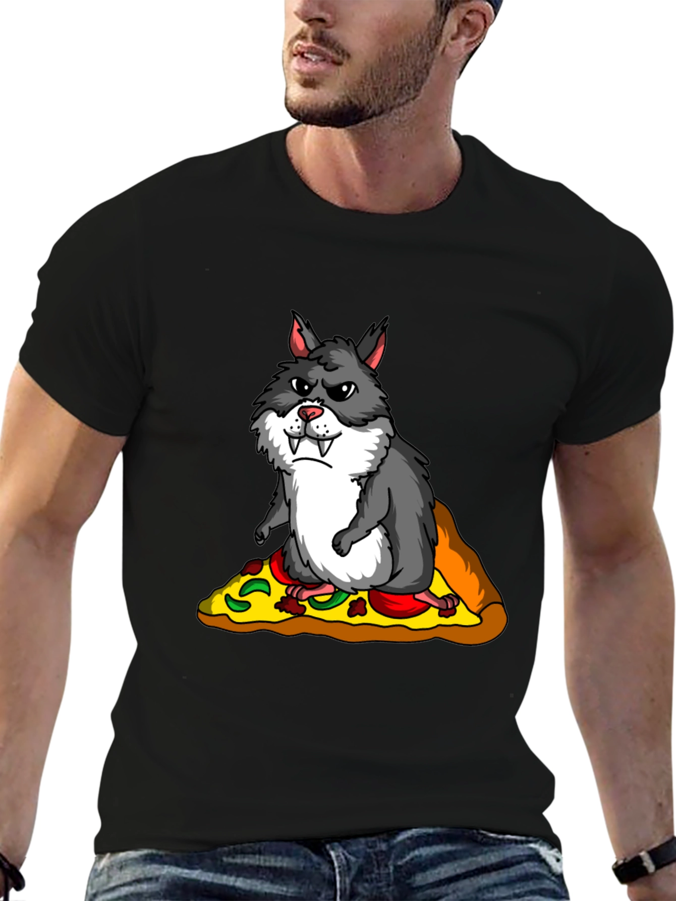 Black Wolf Hamster Pizza T-Shirt - Funny Graphic Tee view 6