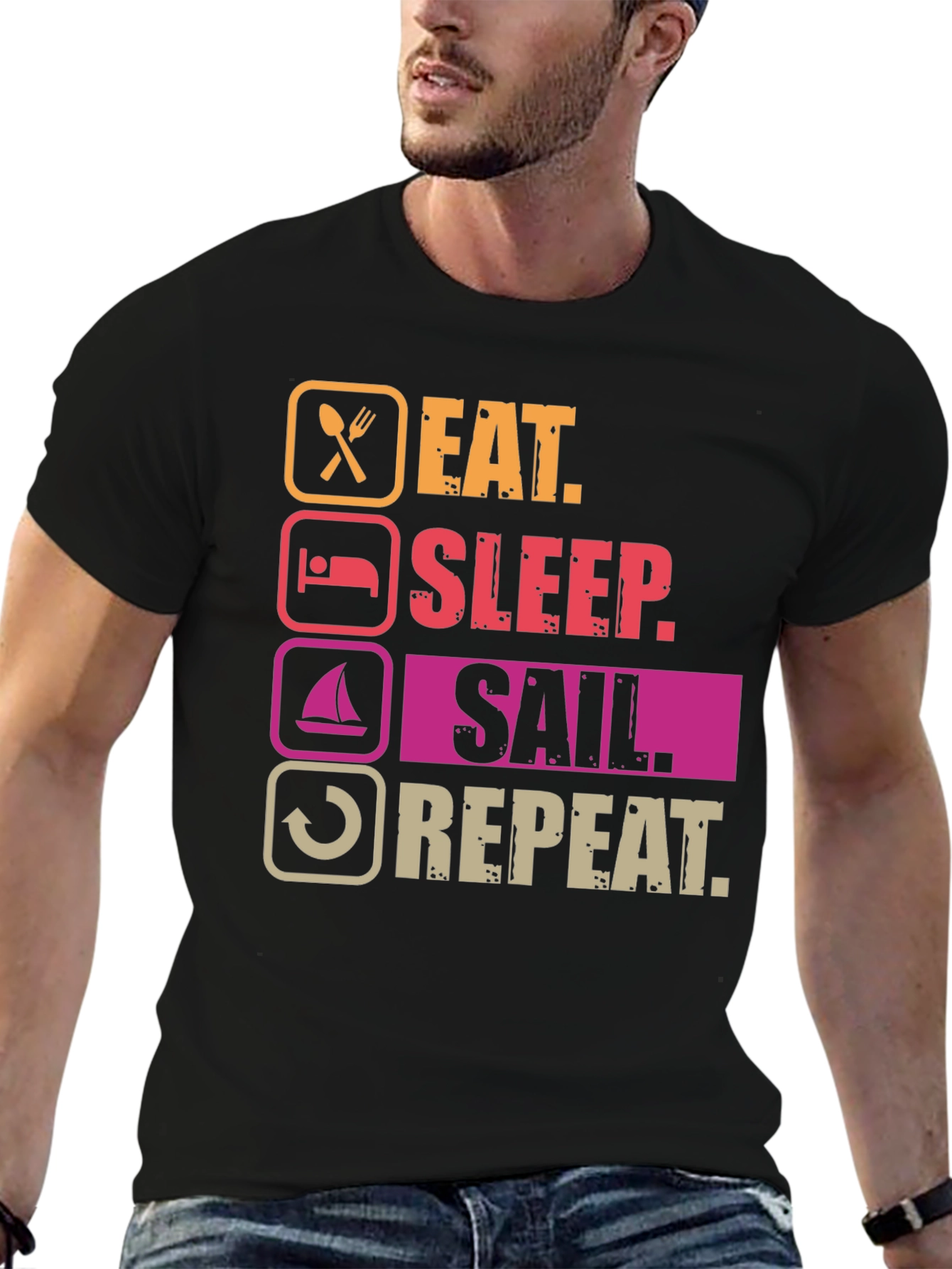 Black Eat Sleep Sail Repeat T-Shirt - Boating Life Apparel view 6