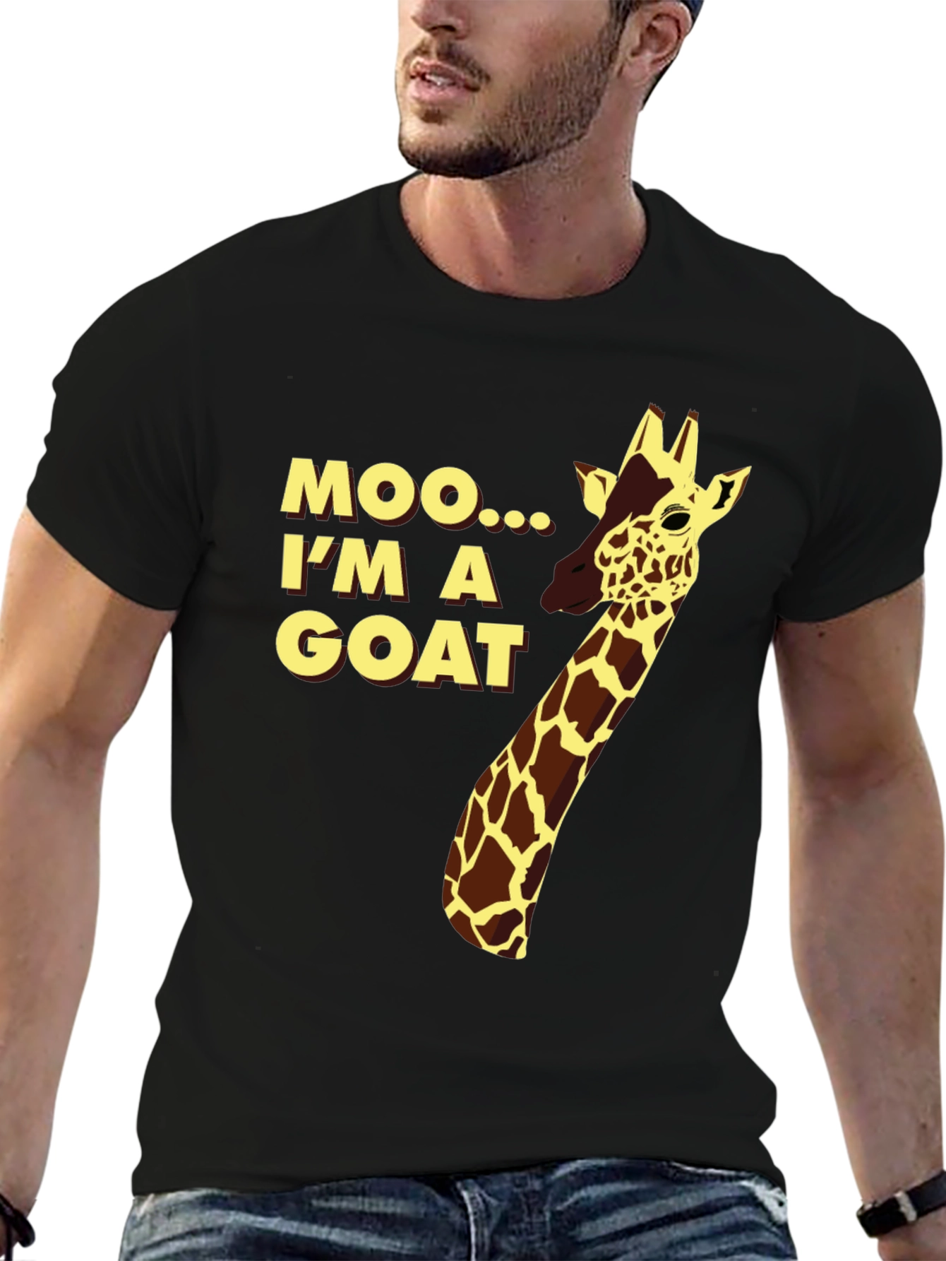 Black Funny Giraffe "Moo I'm a Goat" Black T-Shirt view 6